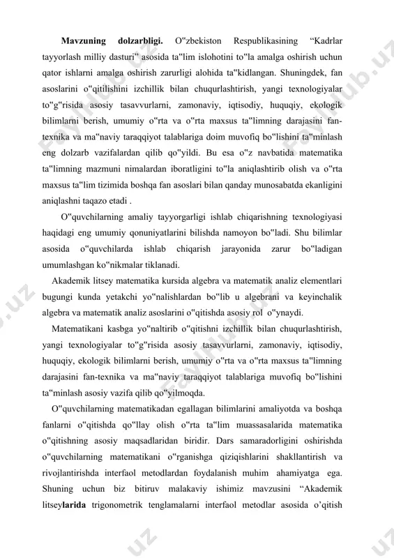 olingan natijalarni xulosa va tavsiyalar tarzida shakllantirish va taqdim etish. 2. “determinantlar va ularning xossalari” amaliy mashg‘ulotining ta’lim texnologiyasi modeli 8-mavzu determinantlar va ularning xossalari vaqt-2soat talabalar soni: 25 nafardan oshmasligi kerak o’quv mashg‘uloti shakli kirish- amaliy mashg‘ulot mashg‘ulot rejasi 1. algebra va uning rivojlanish tarixini axborotlar eslatish. 2. 2,3-tartibli determinantlar va ularning xossalariga oid misollar echish. 3. minor va algebraik to’ldiruvchilar oid misollar echish. 4. yqori tartibli determinantlarni hisoblash. asosiy tushuncha va atamalar algebra, algoritm, 2,3 va n -tartibli determinantlar, bosh diagonal, yordamchi diagonal, minor, algebraik to‘ldiruvchi, determinantlarning xossalari, uchburchaklar qoidasi, diagonal qoidasi, determinantni biror satri (ustuni) elementlari bo‘yicha yoyish. amaliy mashg‘ulotining maqsadi determinantlar va ularning xossalari haqidagi tasavvurini mustahkamlash va u haqidagi tasavvurlarini chuqurlashtirish.. pedagogik vazifalar o‘quv faoliyati natijalari 1. mavzu bo’yicha bilimlarni tizimlashtirish, mustahkamlash. 2. o’quv materiallari bilan ishlash ko’nikmalarini hosil qilish. 3. algebra va uning rivojlanish tarixini eslatish. 2,3-tartibli determinantlar va ularning xossalariga oid misollar echish. …