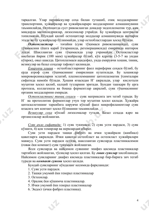 п, улар ўзаро анастамозлар ҳосил қилиб, бутун суяк тўқимаси бўйлаб тарқалган. улар периваскуляр соҳа билан туташиб, озиқ моддаларнинг транспортини, ҳужайралар ва ҳужайралараро моддаларнинг алмашинувини таъминлайди. остеоцитда суст ривожланган донадор эндоплазматик тур, кам миқдорда митохондриялар, лизосомалар учрайди. бу ҳужайрада центриола топилмаган. шундай қилиб остеоцитлар моддалар алмашинувида иштирок этади ва бу ҳужайралар бўлинмайди, улар остеобластлардан ҳосил бўлади. остеокластлар – тоғайни (суяк тўқимаси ривожланишида), суяк тўқимасини (ёшга қараб ўзгаришида, регенерациясида) емиришда иштирок этади. шаклланган суяк тўқимасида улар учрамайди. остеокластлар нисбатан йирик (100 мкм) ҳужайралар бўлиб, кўп ядроли (3-5-7 ва ундан кўпрок), овал шаклда. цитоплазмаси ацидофил, унда емирувчи хошия, тиниқ, везикуляр ва базал соҳалар тафовут қилинади. емирувчи хошия – остеобластларнинг фаол периферик соҳаси бўлиб, бу ерда атроф суяк тўқимасининг емирилиши кузатилади. бу ҳошиялар микроворсинкаларни эслатиб, плазмолемманинг цитоплазматик ўсимталари сифатида намоён бўлади. ҳошия юзасидан н+ ажралади, улар кислотали муҳитни ҳосил қилиб, калций тузларини эритади. бундан ташқари бу ерга протеаза, коллагеназа ва бошқа ферментлар ажралиб, суяк …