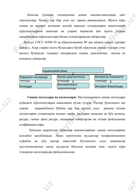 аралади. стендда синашлар. стационар устахоналарда маҳсус юклагич ёрдамида ўтказилади. юклагич қурилмалар дала, эксплуатация асосий иш шароитини такрорлайди. яъни таъсир қилувчи куч, қаршиликлар, климатик ва вибрация таъсирлари такрорланади. полигонда синаш харакатдаги машиналар учун маҳсус ажратилган далада ёки йўлда ўтказилади. бу далада ёки йўлда синаладиган машиналарга таъсир қилувчи барча юкланишларни ўхшатиб қўйилади. бунда тупроқ йўл ва қаршилиги таъминланади. хақиқий вақт масштабида, иш шароити ва технологик материалларни физик ўхшатилиб синашни тахлид қилиб синаш дейилади. тахлид қилиб синашда синалувчи объект маълум масштабда кичайтирилиб олиниши мумкин, шунга кўра куч ва қаршиликлар танлаб олинади. тезкорлик билан синаш иккита метод билан ўтказилади: вақтни зичлаштириш ва юкланишни кучайтирниш (интенсивлаш). вақтни зичлаштириб синаш деб маълумотларни ҳар -хил юкланишларни кўпайтирмай вақтни тежаш йўли билан ўтказилишига айтилади. масалан салт юришлар камайтирилади, синашлар кечаю-кундуз узлуксиз ўтказилади. вақтни зичлаштириб синашда объект вақт бирлигига интенсив ишлайди, танаффус ва салт юриш бўлмайди. бунда тезкорлик коэффициенти куйидагича топилади. ку = тр + тх / тр бу …