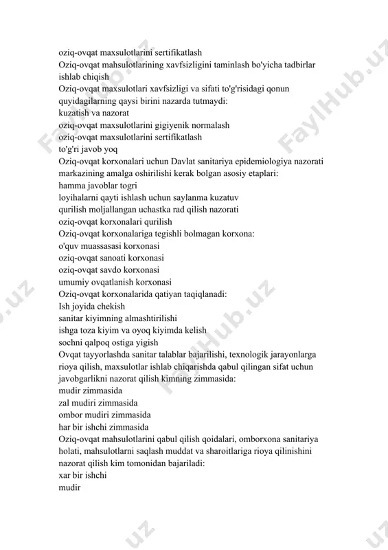 di: ovqat mahsulotlari xavfsizligini taminlashda chora tadbirlar ishlab chiqish qmq va davstlar ishlab chiqish ovqat mahsulotlarini mustaqil tekshirish ovqat mahsulotlari tajribasi parhez ovqatlanishni tashkil qilish va nazorat qilish bo'yicha maxalliy sog'liqni saqlash organlarining asosiy vazifasini korsating: tibbiy koriklarni tashkillashtirish va bemorlarni parhez ovqatlanishga yonaltirish tibbiy koriklarni olib borish parhez ovqatlanish natijalarini baholash bemorlarga yollanma berish oziq-ovqat mahsulotlarini gigiyenik ekspertizadan otkazilgandan keyin ularni guruhlarga ajratish tartibi: patogen mikroorganizmlar va ularning toksinlari bilan zararlangan, iste'molga yaroqsiz mahsulotlar qaynatilgandan so'ng shartli yaroqli sifati past narxi past mahsulotlar yaroqli- sifati buzilmagan oziq- ovqat mahsulotlarini sanitar- epidemiologik jihatdan ota xavfliligini korsatuvchi korsatmalarni belgilang: mahsulot hayvonlar uchun moljallanganligi yoqib yuborilishi kerak bolgan mahsulotlar qushlar uchun moljallangan yemlar ko'mib yuborilishi kerak bolgan mahsulotlar gigiyenik ekspertizada oziq-ovqat mahsulotlari sifatini baholashning korsatmalari: ozuqaviylik qiymati biokimyoviy qiymati energetik qiymati kimyoviy qiymati oziq-ovqat mahsulotlari sanitar ekspertizasining asosiy korsatmalari: mahsulotning kimyoviy sifatining aniqlash mahsulotning organoleptik xususiyatlarini aniqlash mahsulotning kimyoviy tarkibini organish umumiy …