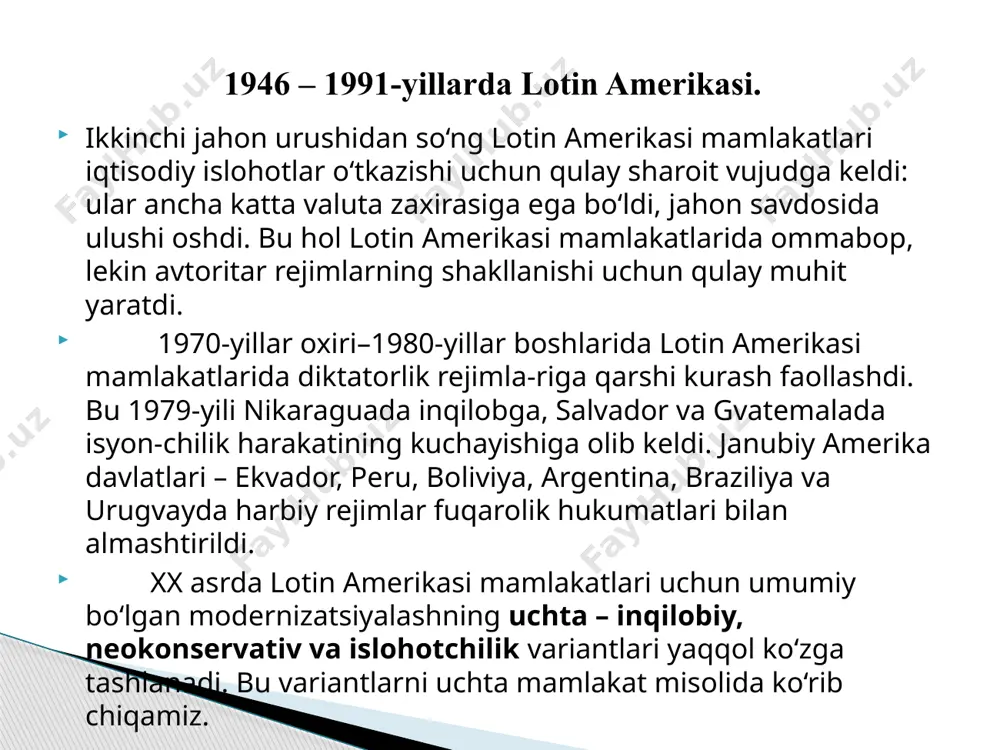 qiyatlarga erishdi. sof agrar mamlakat bo‘lgan kubani agrar-industrial mamlakatga aylantirish kursi tanlandi. ammo 1980-yillardan jamiyatni modernizatsiya qilishning kuba variantida ma’lum kamchi-liklar ko‘zga tashlana boshladi. iqtisodiy o‘sish sur’atlari, aholining yashash darajasi pasaydi. sssrning parchalanishi kuba uchun juda katta zarba bo‘ldi. 1990-yillarda ko‘pchilik f. kastro rejimining qulashini bashorat qilgan edi. ammo bu rejim saqlanib qoldi. ikkinchi jahon urushidan keyingi o‘tgan vaqt davomida lotin amerikasi mamlakatlari jamiyatni modernizatsiya qilishning optimal variantini izladilar. 1960-yillari chilida hukumat mamlakatni modernizat-siyalashga harakat qildi. bunda u ilgari ilg‘or mamlakatlarda sinovdan o‘tgan islohotchilik tizimlariga tayandi. ammo boshlangan islohotlar borgan sari jamiyatdagi bo‘linishni kuchaytirdi, mamlakat hayotining ijtimoiy-siyosiy sohalarida keskinlikni yuzaga keltirdi. navbatdagi prezident saylovlaridan oldin xalq birligi bloki tashkil qilinib, unga kommunistlar, sotsialistlar, radikallar va xalq faoliyati yagona harakati kirdi. 1970-yili shu blok nomzodi salvador alyende chili prezidenti qilib saylandi. s. alyende hukumati chuqur islohotlarni amalga oshirishga kirishdi. ammo jamiyat manfaatlariga ta’sir qiladigan, odat-dagi hayot tarzini, an’anaviy ijtimoiy aloqalarni buzadigan …
