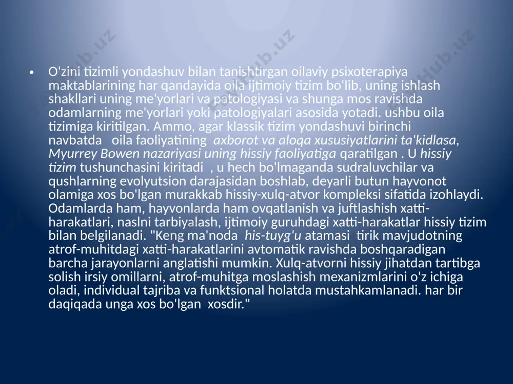 an. ushbu hodisa bo'yicha keyingi tadqiqotlar uni barcha turdagi oilalarda (eng disfunktsiyali, chuqur buzilishlar bilan ajralib turadigan, mukammal ishlaydiganlargacha) his-tuyg'ularning uyg'unligi va farqlari faqat yo'llarda qayd etilgan degan xulosaga keldi va ruhiy hayotning bu tomonlari bir-biridan qay darajada payvandlangan yoki ajratilgan va farqlanadi. bu xulosa o'z-o'zini farqlash kontseptsiyasi uchun asos bo'ldi, shuning uchun olim insonning hayoti biz tan olgandan ko'ra ko'proq hissiy tizim tomonidan boshqarilishini aniqladi. insonning differensiallanish darajasi uning hissiyotlar va intellektual jarayonlar bilan bog'liq jarayonlarni qanchalik farqlay olishiga qarab belgilanadi. egoning farqlanish darajasi qanchalik past bo'lsa, uning bunday farqlarni amalga oshirish qobiliyati shunchalik past bo'ladi. myurrey bowen nazariyasi sakkizta tushunchani o'z ichiga oladi: 1. o'zlikni farqlash yuqorida aytib o'tilganidek, bu erda shaxsning hissiy-intellektual tizimining tavsifi berilgan, differentsiatsiya tushunchasi ishlab chiqilgan va farqlash shkalasi tuziladi. bundan tashqari, bu erda yana ikkita o'ta muhim tushunchalar kiritiladi: "soxta o'zim" (yoki soxta o'zim, osongina o'zgaruvchan, tashqi ta'sirlarga duchor bo'lgan, mos keladigan, e'tiqod …