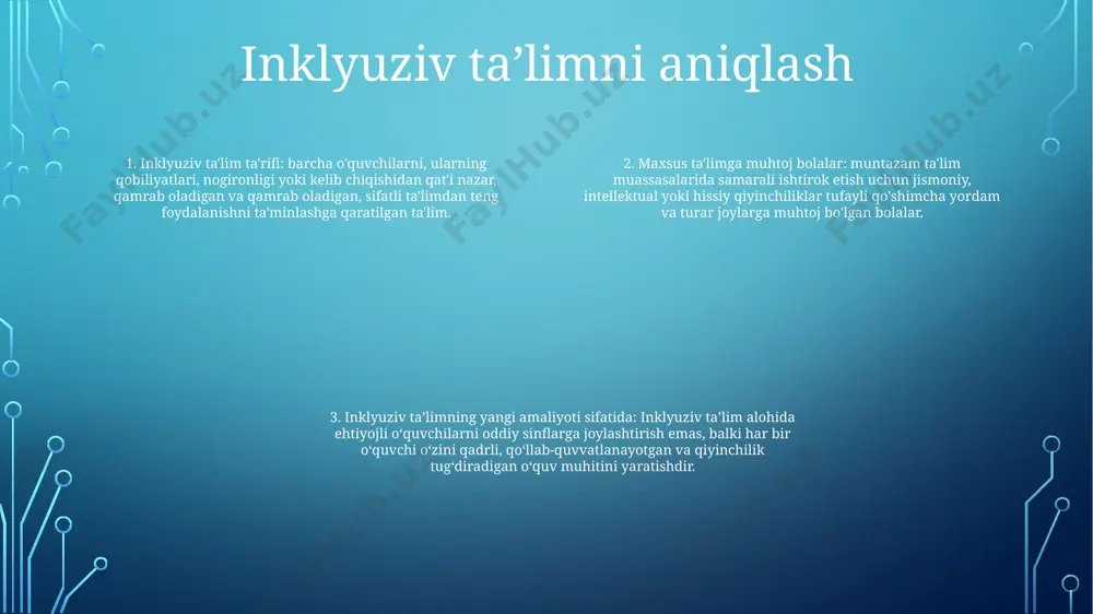 f etish uchun sharoit yaratadilar. manfaatdor tomonlar o'rtasidagi hamkorlik talabalarning imkoniyatlarini kengaytirish: hamkorlikdagi sa'y-harakatlar orqali alohida ehtiyojli bolalar ta'lim muassasalarida to'liq ishtirok etish, ularning o'sishi va rivojlanishiga yordam berishlari mumkin. ta'limda inklyuzivlik: manfaatdor tomonlar o'rtasidagi hamkorlik alohida ehtiyojli bolalar uchun inklyuziv ta'lim muhitini yaratishda juda muhimdir. umumiy mas'uliyat: barcha manfaatdor tomonlar, jumladan, o'qituvchilar, ota-onalar va jamiyat a'zolari, alohida ehtiyojli bolalar sifatli ta'lim olish imkoniyatini ta'minlash mas'uliyatini baham ko'radilar. maxsus ehtiyojli bolalarni qo'llab-quvvatlash xizmatlari mavjudlik: maxsus ehtiyojli bolalarni qo'llab-quvvatlash xizmatlari ta'lim imkoniyatlaridan foydalanish imkoniyatini oshirish, teng ishtirok etish va ta'lim natijalarini ta'minlashga qaratilgan. hamkorlik: maxsus o'qituvchilar, asosiy o'qituvchilar, ota-onalar va terapevtlar o'rtasidagi hamkorlik samarali yordam xizmatlari uchun juda muhimdir. bu bolalarning turli ehtiyojlarini qondirish uchun umumiy mas'uliyatni kuchaytiradi. individuallashtirilgan yordam: yordam xizmatlari har bir bolaning o'ziga xos qobiliyatlari va ehtiyojlariga moslashtirilgan. ular o'quv jarayonini osonlashtirish uchun o'quv rejasiga, o'qitish usullariga va baholash usullariga o'zgartirishlar kiritishi mumkin. turar joy va o'zgartirishlar ta'lim …