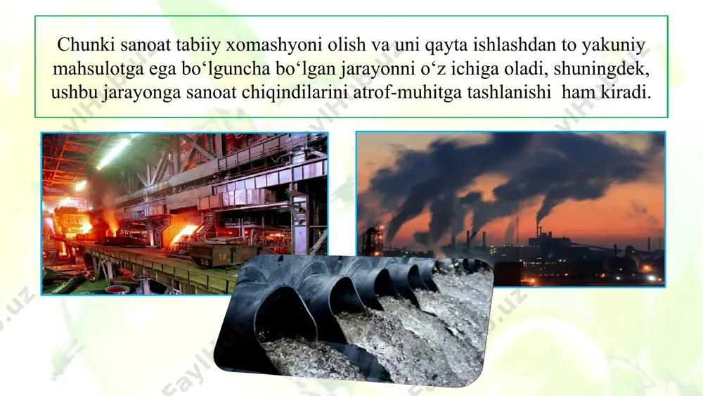 aylantirish, zararsizlantirish, atmosferaga va suv havzalariga chiqadigan chiqindilarni tozalash zarur. 1. qaysi sanoat tarmog‘i atmosferaning ifloslanishiga eng ko‘p salbiy ta’sir ko‘rsatadi? 2. metallurgiya majmuasiga aloqador korxonalardan qaysi biri ekologik muammoni nihoyatda keskinlashtirmoqda? bu korxona tabiatni bulg‘amasligi uchun qanday tadbirni taklif qilasiz? foydalanilgan adabiyotlar: p. musayev, j. musayev – geogragfiya (o‘zbekiston ijtimoiy-iqtisodiy geografiyasi) – umumiy o‘rta ta’lim maktablarining 8-sinfi uchun darslik – “sharq” nashriyoti – toshkent – 2014,2019 / www.eduportal.uz © internet manbalari: www.eduportal.uz www.yaklass.ru www.qalampir.uz www.uzreport.news www.glotr.uz www.kun.uz www.norma.uz www.peskiadmin.ru www.tkti.edu.uz www.craftstationshop.ru www.xs.uz www.m.kun.uz www.daryo.uz www.lagopus.ru www.valentewshop.ru www.eurodomik.ru www.technerium.ru www.kopilkaurokov.ru © qambarov alimbek xatolari bo‘lishi mumkin, tekshirib ko‘ring. telegram manzil: https://t.me/@geography_method image1.jpeg image2.png image3.png image4.jpeg image5.jpeg image6.jpeg image7.jpeg image8.jpeg image9.jpeg image10.jpeg image11.png image12.png image13.jpeg image14.jpeg image15.png image16.jpeg image17.jpeg image18.png image19.jpeg image20.png image21.jpeg image22.jpeg image23.jpeg image24.jpeg image25.png image26.jpeg image27.jpeg image28.jpeg image29.jpeg image30.jpeg image31.jpeg image32.jpeg /docprops/thumbnail.jpeg