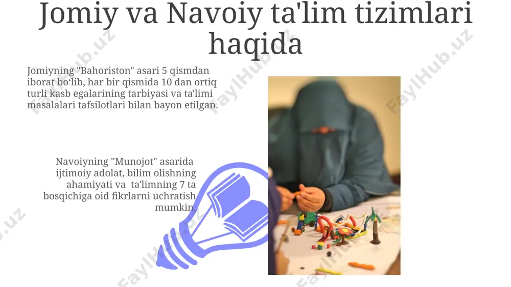 дан ортиқ фазилатлар тасвирланган. навоийнинг “маҳбуб ул-қулуб” асарида 70 дан ортиқ машҳур шахсларнинг таржимаи ҳоллари келтирилиб, уларнинг тарбиявий тажрибалари ва хатолари таҳлил қилинади, бу эса таълимий мақсадга хизмат қилади. ijtimoiy-siyosiy qarashlar ikkala mutafakkir ham o‘z davrining ijtimoiy-siyosiy muammolarini tahlil qilib, ularning yechimini taklif qilishgan, jumladan, iqtisodiy tengsizlik va zulm masalalarini ko‘tarishgan. a. jomiyning ijtimoiy-siyosiy qarashlari adolatli jamiyat qurishga, xalq farovonligini ta’minlashga qaratilgan bo‘lib, uning 5 ta asosiy tamoyiliga asoslangan. a. jomiyning pedagogik qarashlari 01 02 a. jomiyning ta’lim nazariyasi 7 ta asosiy qismdan iborat bo‘lib, ularda axloq tarbiyasi, bilim olishning bosqichlari va o‘qituvchi-o‘quvchi munosabatlariga alohida e’tibor qaratgan. sales 1st qtr 2nd qtr 100 0 sales 1st qtr 2nd qtr 100 0 e'tiboringiz uchun rahmat @taqdimot_robot image4.jpg image5.jpg image6.jpg image7.jpg image8.jpg image9.jpg image10.jpg image11.jpg image12.jpg image13.jpg image14.jpg image15.jpg image1.jpeg image2.jpeg image3.jpeg