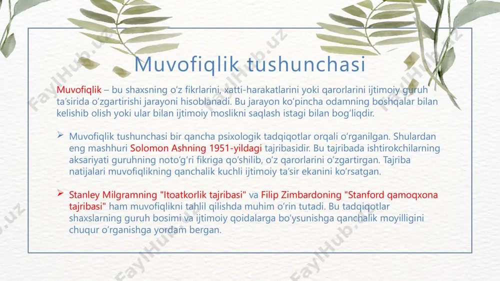 atijalari tajriba natijalariga ko‘ra: ishtirokchilarning 75% kamida bir marta guruhning noto‘g‘ri fikriga qo‘shilgan. ishtirokchilarning 37% hollarda guruh bosimiga bo‘ysunib, noto‘g‘ri javob bergan. 25% ishtirokchilar esa doim o‘z fikrlariga sodiq qolgan. bu natijalar shuni ko‘rsatdiki, odamlar ijtimoiy muhitning kuchli ta’siri ostida o‘z fikrlarini o‘zgartirishga moyildirlar. ko‘pchilik insonlar guruh tomonidan rad etilishdan qo‘rqib yoki ularni fikri noto‘g‘ri bo‘lsa ham ko‘pchilikka qo‘shilishni afzal ko‘rishadi. tajribaning muvaffaqiyati va muvofiqlikning sabablari quyidagilar bilan izohlanadi: 1. normativ muvofiqlik: odamlar guruh tomonidan rad etilishdan qochish uchun noto‘g‘ri fikrga qo‘shiladilar. 2. informatsion muvofiqlik: guruhning javobini to‘g‘ri deb o‘ylab, inson o‘z fikrini ular bilan moslashtiradi. 3. ijtimoiy bosim: guruhning bir ovozdan bergan javobi individual qaror qabul qilish qobiliyatiga ta’sir qiladi. umumiy bog’liqlik xususiyatlari ash tajribasi muvofiqlik tushunchasini tadqiq qilish uchun yaratilgan eng muhim tajribalardan biridir. ushbu tadqiqot orqali solomon ash odamlar ijtimoiy guruhning fikri va xatti-harakatlariga qanday moslashishini chuqur o‘rganib chiqdi. tajriba muvofiqlikning nazariy asoslarini amaliy tasdiqlab, uning qanday …