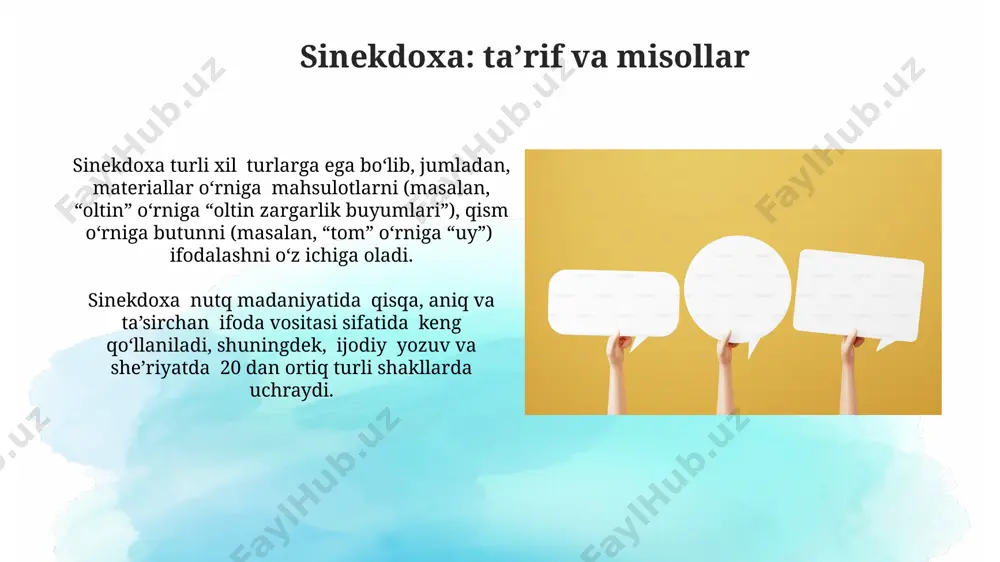 samaradorligi, tanlangan ob’yektlarning ta’sirchanligi va ularning o‘rtasidagi o‘xshashlikning aniqligi, ya’ni 3 ta asosiy omilga bog‘liq. taqqiyosda “kabi”, “dek”, “misol qilib” kabi taqqoslash vositalari ishlatiladi, ammo ba’zi hollarda ular yashirin bo‘lib, qo‘shimcha so‘zlarsiz ham tushuniladi, ma’lum kontekst asosida. e'tiboringiz uchun rahmat @taqdimot_robot image2.jpg image3.jpg image4.jpg image5.jpg image6.jpg image7.jpg image8.jpg image9.jpg image10.jpg image11.jpg image12.jpg image13.jpg image14.jpg image15.jpg image16.jpg image17.jpg image18.jpg image1.png