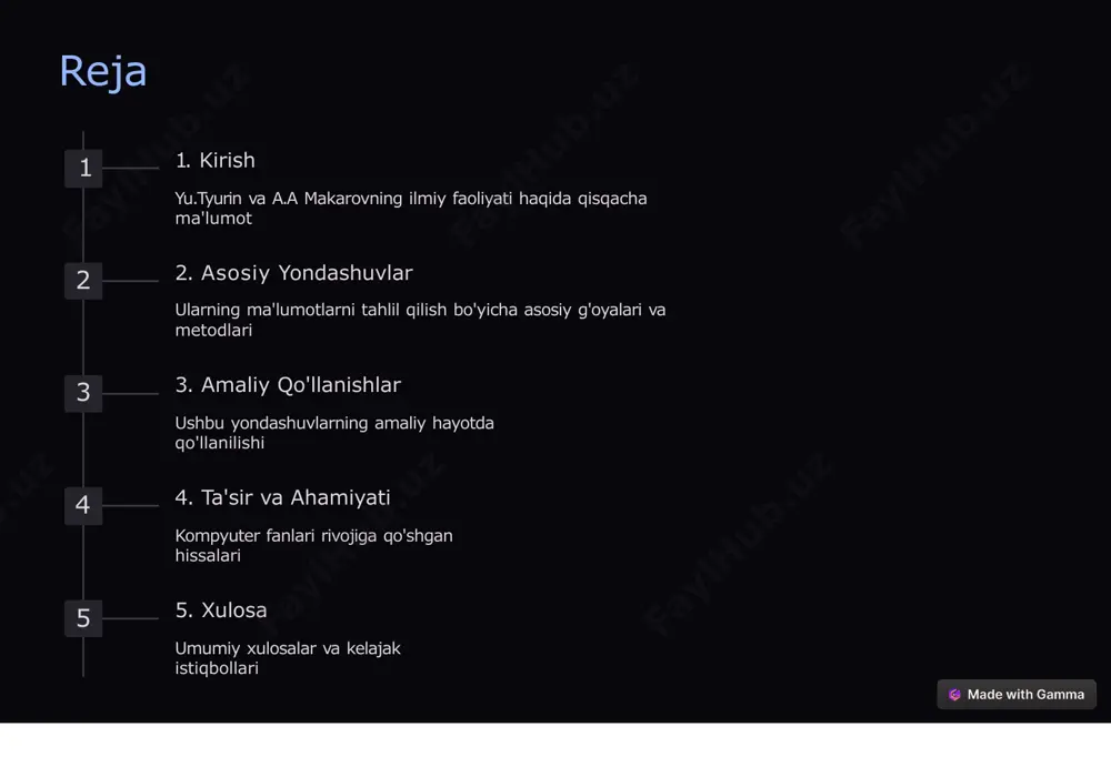 uhim yutuqlarga erishishgan. katta hajmli ma'lumotlar to'plamlaridan foydali axborotlarni ajratib olish uchun yangi usullar va algoritmlar taklif etishgan. 3 sun'iy intellekt integratsiyasi a.a makarov sun'iy intellekt usullarini ma'lumotlar tahlilida qo'llashga alohida e'tibor qaratgan. u neyron tarmoqlar va mashinali o'rganish algoritmlarini ma'lumotlarni tahlil qilish jarayoniga integratsiya qilish bo'yicha innovatsion g'oyalarni ilgari surgan. optimallashtirilgan algoritmlar 1 murakkab tizimlar tahlili yu.tyurin murakkab tizimlarni tahlil qilish uchun optimallashtirilgan algoritmlar ishlab chiqqan. bu algoritmlar tizimning turli qismlarini parallel ravishda tahlil qilish va natijalarni samarali birlashtirish imkonini beradi. 2 katta hajmli ma'lumotlar katta hajmli ma'lumotlarni qayta ishlash uchun ular maxsus algoritmlar yaratishgan. bu algoritmlar ma'lumotlarni tezkor va samarali tarzda qayta ishlash, shu jumladan ma'lumotlarni klasterlash va tasniflash imkonini beradi. 3 real vaqt rejimidagi tahlil a.a makarov real vaqt rejimida ma'lumotlarni tahlil qilish uchun innovatsion yondashuvlar taklif etgan. bu usullar tezkor qaror qabul qilish jarayonlarida juda foydali bo'lib, moliya, tibbiyot va sanoat sohalarida keng qo'llanilmoqda. ma'lumotlarni vizuallashtirish …