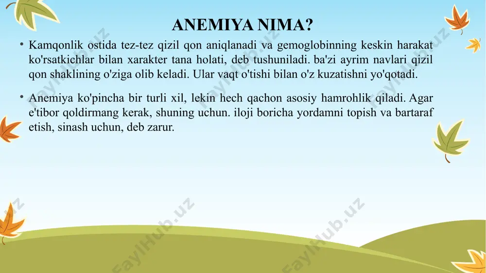 ortishi. bir guruh o'zida gematolog laboratoriya sinovlari bir qator yo'nalishini beradi. gemolitik anemiya-chauffard minkowski o'zining natijalari borligini tasdiqladi: siydik: gemoglobinuriya, ortib protein ko'rsatkichlari va urobilin. biokimyo qon: bilvosita bilirubin xolesterin, laktat dehidrojenazin o'sishini, ziyoda biriktirish. qizil qons organish' tadqiqot: omotik saqlash, hujayra hajmi, pasay reticulocytosis. bosh qoni: esr jadallashtirish, trombotsitlar va leykotsitlar tahlil rang ko'rsatkichi bir oz kamayishi. irsiy (irsiy) gemolitik anemiya quyidagilarga bog'liq bo'lishi qizil qon hujayralari membranasini ishlab chiqarishdagi nuqsonlar (kabi irsiy sperotsitoz va irsiy ellipoksitoz).gemoglobin ishlab chiqarishdagi nuqsonlar (kabi talassemiya, o'roqsimon xastalik va tug'ma dizertropoetik anemiya). qizil hujayralardagi metabolizm nuqsoni (kabi glyukoza-6-fosfat dehidrogenaza etishmovchiligi va piruvat kinaz etishmovchiligi).paroksismal tungi gemoglobinuriya (pnh), ba'zida marchiafava-micheli sindromi deb ham ataladi, qonning kamdan-kam uchraydigan, orttirilgan, potentsial hayot uchun xavfli kasalligi bo'lib, u komplement ta'sirida tomir ichidagi gemolitik anemiya bilan tavsiflanadi 9 irsiy sperotsitoz irsiy sperotsitoz qizil qon hujayralarining anormalligi yoki eritrotsitlar. buzuqlik sabab bo'ladi mutatsiyalar eritrotsitlar shaklini o'zgartirishga imkon beradigan membrana …