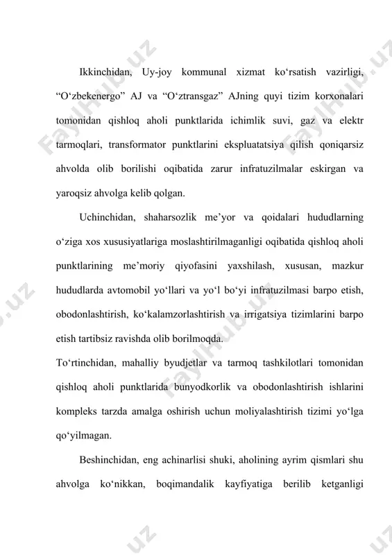 gilar “obod qishloq” dasturida belgilangan tadbirlarni moliyalashtirish manbalari etib belgilansin: · respublika byudjeti va maqsadli jamg‘armalar mablag‘lari; · mahalliy byudjet va uning qo‘shimcha mablag‘lari; · tarmoq korxonalarining mablag‘lari; · xalqaro moliya institutlari va xorijiy davlatlarning grant mablag‘lari; · “mahalla” jamg‘armasining va boshqa tashkilotlarning homiylik xayriyalari; · tashabbuskor tadbirkorlar mablag‘lari; · hasharlar va xayriya tadbirlarini o‘tkazish hisobidan tushadigan mablag‘lar; · o‘zbekiston respublikasi bandlik va mehnat munosabatlari vazirligi huzuridagi jamoat ishlari jamg‘armasi mablag‘lari; · qonunchilikda taqiqlanmagan boshqa manbalar. o‘zbekiston respublikasi moliya vazirligi o‘zbekiston respublikasining har yillik davlat byudjeti, shu jumladan, mahalliy byudjetlar parametrlarini tasdiqlashda “obod qishloq” dasturini amalga oshirish uchun zarur miqdorda mablag‘lar ajratilishini nazarda tutsin. bunda, dastur doirasida “o‘zbekenergo” aj, “o‘ztransgaz” aj, “o‘zbektelekom” ak, respublika yo‘l jamg‘armasi, avtomobil yo‘llari davlat qo‘mitasining, tashkilot va korxonalar o‘z mablag‘larining tegishli maqsadlar uchun to‘g‘ridan-to‘g‘ri moliyalashtirilishi belgilab qo‘yilsin. 4. o‘zbekiston respublikasi iqtisodiyot vazirligi, investitsiyalar bo‘yicha davlat qo‘mitasi va moliya vazirligi qoraqalpog‘iston respublikasi vazirlar kengashi va viloyatlar …