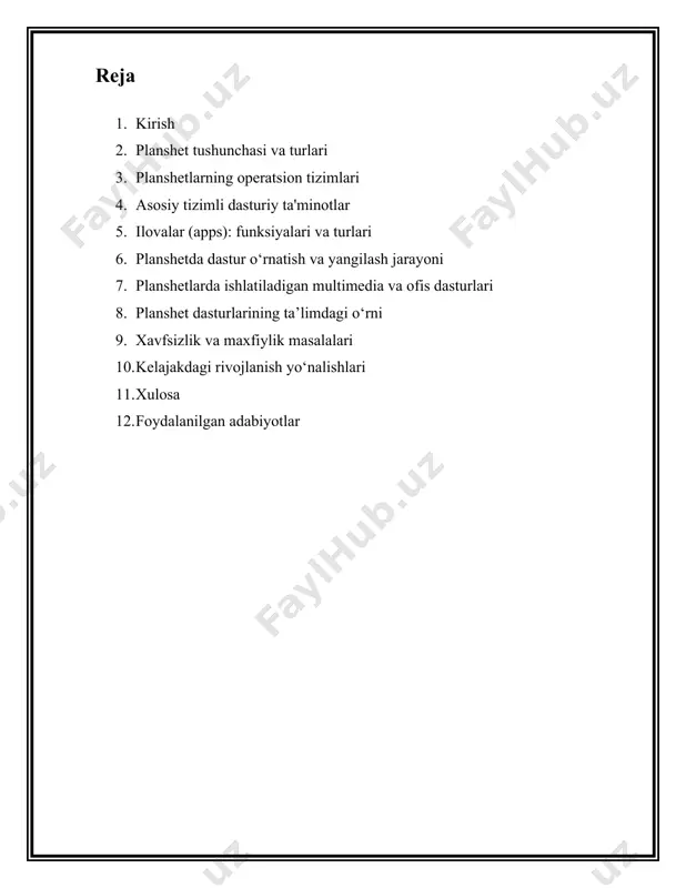 ri: · ofis ilovalari (word, excel, google docs) · ta’lim ilovalari (khan academy, duolingo, coursera) · multimedia (youtube, spotify, netflix) · o‘yinlar · aloqa vositalari (telegram, zoom, whatsapp) 6. planshetda dastur o‘rnatish va yangilash jarayoni · rasmiy do‘konlar orqali: google play store, app store, microsoft store · apk fayllari (android uchun): tashqi manbalardan o‘rnatish (xavfsizlik talab qilinadi) · yangilash: avtomatik tarzda yoki qo‘lda ilovani yangilash 7. planshetlarda ishlatiladigan multimedia va ofis dasturlari · multimedia: rasmlar va videolarni ko‘rish, montaj qilish, audio tinglash · adobe lightroom, vlc media player, capcut · ofis dasturlari: · microsoft office (word, excel, powerpoint) · google workspace (docs, sheets, slides) 8. planshet dasturlarining ta’limdagi o‘rni · interaktiv darslar: video, test, viktorinalar · elektron darsliklar: pdf, ebook formatida · onlayn o‘qitish platformalari: zoom, google meet, moodle · o‘quvchilarning faolligini oshiradi 9. xavfsizlik va maxfiylik masalalari · parol va biometrik himoya · ilova ruxsatnomalarini boshqarish · antivirus dasturlari …