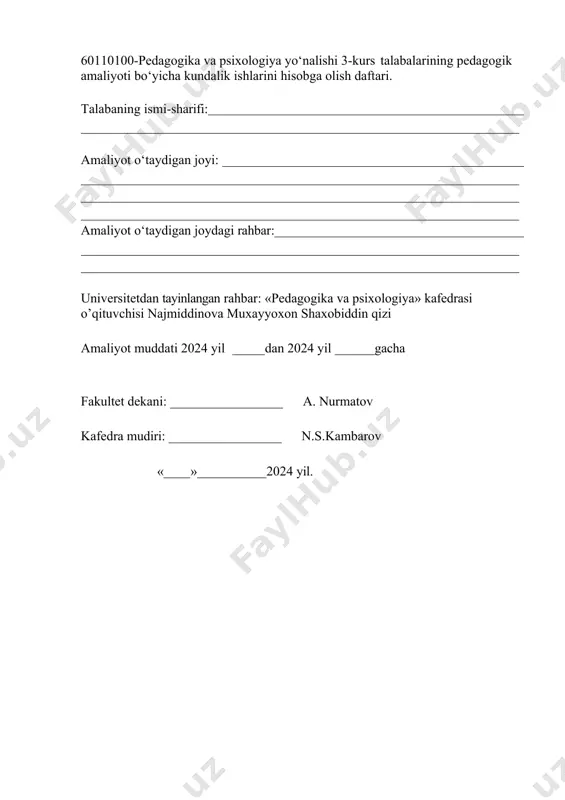 ashkilot hamda oliy o‘quv yurti tomonidan qo‘yilgan rahbarlarning qo‘shimcha ko‘rsatmalariga binoan uni to‘ldiradi. 1.5. amaliyotdagi talaba faoliyati reyting balli tizim bo‘yicha baholanadi va talabani stipendiyaga tavsiya etishda hisobga olinadi. 1. talabaning kundalik ish mazmuni. amaliyot davomida bajarilgan ishlar hisoboti sana oliy ta’lim muassasasidan biriktirilgan rahbar imzosi: amaliyot joyidan biriktirilgan rahbar imzosi: 1. talabaning kundalik ish mazmuni. amaliyot davomida bajarilgan ishlar hisoboti sana oliy ta’lim muassasasidan biriktirilgan rahbar imzosi: amaliyot joyidan biriktirilgan rahbar imzosi: 1. talabaning kundalik ish mazmuni. amaliyot davomida bajarilgan ishlar hisoboti sana 1. talabaning kundalik ish mazmuni. amaliyot davomida bajarilgan ishlar hisoboti sana 1. talabaning kundalik ish mazmuni. amaliyot davomida bajarilgan ishlar hisoboti sana amaliyot joyidan biriktirilgan rahbar imzosi: oliy ta’lim muassasasidan biriktirilgan rahbar imzosi: 1. talabaning kundalik ish mazmuni. amaliyot davomida bajarilgan ishlar hisoboti sana amaliyot joyidan biriktirilgan rahbar imzosi: oliy ta’lim muassasasidan biriktirilgan rahbar imzosi: 1. talabaning kundalik ish mazmuni. amaliyot davomida bajarilgan ishlar hisoboti sana …