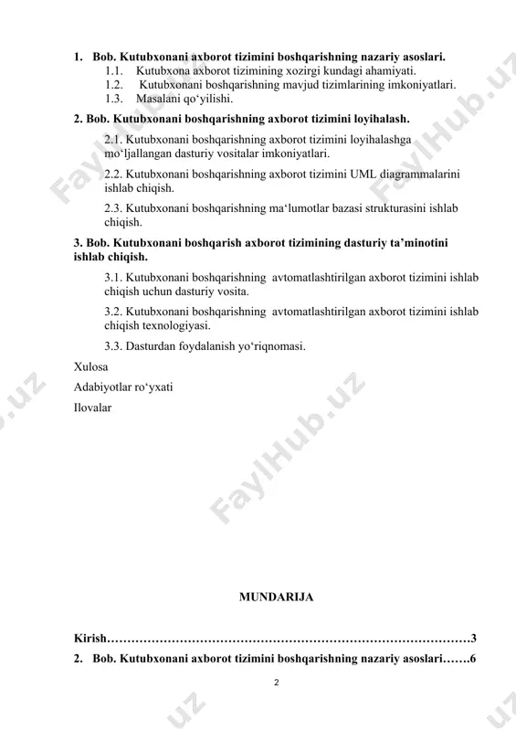 ab chiqish……………………………………………………………………..32 3.1. kutubxonani boshqarishning avtomatlashtirilgan axborot tizimini ishlab chiqish uchun dasturiy vosita………………………………………………32 3.2. kutubxonani boshqarishning avtomatlashtirilgan axborot tizimini ishlab chiqish texnologiyasi……………………………………………………….36 3.3. dasturdan foydalanish yo‘riqnomasi………………………………….43 xulosa…………………………………………………………………………….52 adabiyotlar ro‘yxati………………………………………………………………53 ilovalar……………………………………………………………………………54 kirish boshqaruv – jamiyat hayotining muhim shartlaridan biridir. odamlarning birgalikdagi faoliyatini ishlab chiqarish korxonalariga, turli muassasalar jamoasiga, boshqaruv organlariga birlashtirmasdan tashkil etish mumkin emas. har qanday moddiy va ma’naviy ishlab chiqarish, xizmat ko’rsatish sohasi ma’lum bir tashkillashtirish, qonun-qoidalar, mehnat taqsimoti, odamning jamoadagi o’rni va vazifasini belgilashsiz amalga oshirib bo’lmaydi. bularning barchasi boshqaruv orqali amalga oshiriladi. mana shuning uchun ham har qanday davlatda maxsus jamoatchilik institutlari va boshqaruv organlari tashkil etiladiki, ular jamiyatga, xalq xo’jaligining turli sohalariga, mehnat jamoalariga maqsadga yo’naltirilgan harakatni amalga oshiradilar. boshqaruvning asosiy vazifasi odamlarni mehnat jamoalaridagi birgalikdagi faoliyatini, ularni o’zaro hamkorligini tashkil etishdir. boshqaruvni jamiyatning rivojlanish qonuniyatlarini, iqtisodiyot qonunlarini bilmasdan amalga oshirib bo’lmaydi. faqat qayd etilgan qonun va qonuniyatlardan foydalanib u yoki bu sohaga, korxona, muassasa jamoasiga …
