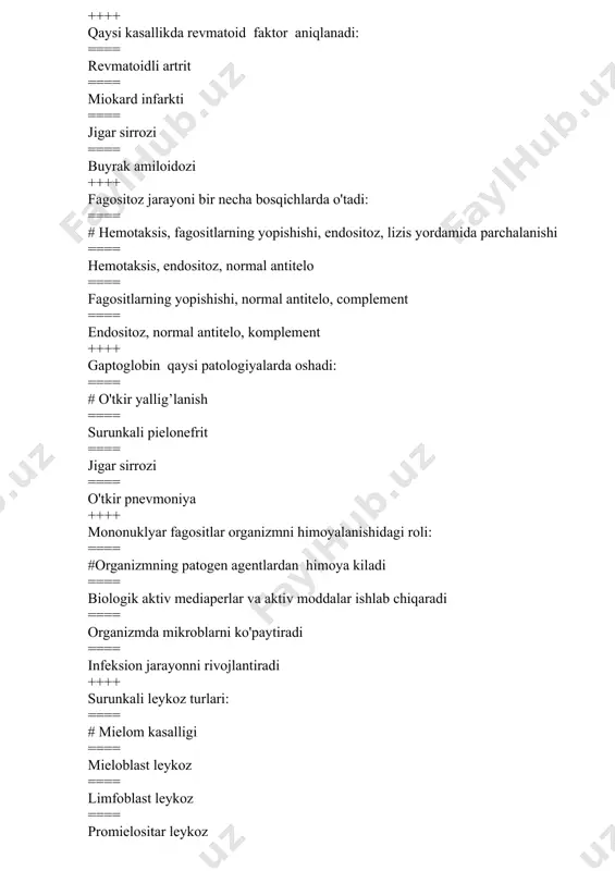 repanobiopsiya ++++ tizimli qizil bo’richaning diagnostik kriteriylari: ==== # le hujayralarni toppish ==== trombositoz ==== bazofilyoz ==== leykositoz ++++ qaysi leykotsitlar normada leykoformulada uchramaydi ==== # miyelotsitlar, promiyelotsitlar ==== limfotsitlar ==== bazofillar ==== neytrofillar ++++ eritrotsitlar rezistentligi normada: ==== # minimal 0,48 - 0,46 %, maksimal 0,34 - 0,32 % nacl ==== minimal 0,8 - 0,9 %, maksimal 0,2 - 0,25 % nacl ==== minimal aniqlanmaydi, maksimal 0,48 % nacl ==== 4,5 % nacl eritmasi ++++ yadrosiz qon hujayralari: ==== # eritrotsit ==== bazofil ==== leykotsit ==== eozinofil ++++ oq qon hujayrasiga kiradi: ==== # leykotsit ==== trombotsit ==== eritrotsit ==== gemoglobin ++++ sog’lom odamda leykotsitlar miqdori: ==== #4 - 9 x 10 9 /l da ==== 5 - 96 x 10 9 /l da ==== 10 - 10,5 x 10 9 /l da ==== 11,5 - 12,0 x 10 9 /l da ++++ absolyut eritrotsitoz qachon kuzatilmaydi: ==== # …