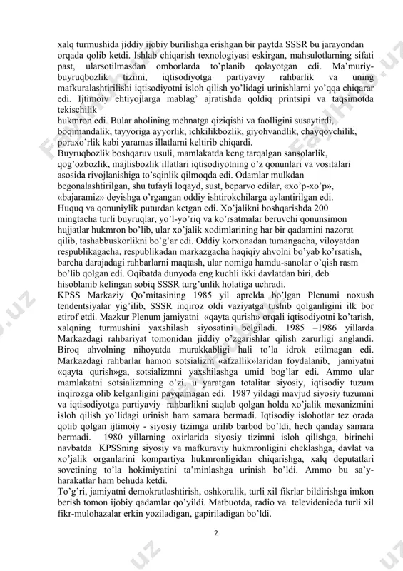 taraqqiyot yo’liga kirdi. moddiy ishlab chiqarishda ishlovchilar soni qisqarib, xizmat ko’rsatish sohasida, tibbiyot, ta’lim, ilmiy faoliyatda band bo’lganlar soni oshib bordi. axborot texnikasi tibbiyot, fan, ta’lim va boshqa xizmat ko’rsatish sohalarida keng qo’llanila bordi. inson texnik, mexanik va og’ir jismoniy ishlarni bajarishdan ozod bo’lib, o’zini mazmunli, ijodiy ishlarga bag’ishladi. pirovardida turmush saviyasi tobora yaxshilanib bordi. sovet davlatida esa ilmiy-texnika inqilobidan foydalanish etarli darajada yo’lga qo’yilmadi. iqtisodiyot ekstensiv yo’lda, tobora ko’p qo’shimcha mehnat va moddiy resurslarni ishlab chiqarishga jalb etish yo’lida debsinayotgan edi. mamlakat katta tabiiy resurslarga ega bo’lsada, xo’jaliklar ularning etishmovchiligiga duch keldi. ko’pgina mamlakatlar fan-texnika inqilobi tufayli xalq turmushida jiddiy ijobiy burilishga erishgan bir paytda sssr bu jarayondan orqada qolib ketdi. ishlab chiqarish texnologiyasi eskirgan, mahsulotlarning sifati past, ularsotilmasdan omborlarda to’planib qolayotgan edi. ma’muriy-buyruqbozlik tizimi, iqtisodiyotga partiyaviy rahbarlik va uning mafkuralashtirilishi iqtisodiyotni isloh qilish yo’lidagi urinishlarni yo’qqa chiqarar edi. ijtimoiy ehtiyojlarga mablag’ ajratishda qoldiq printsipi va taqsimotda tekischilik hukmron …