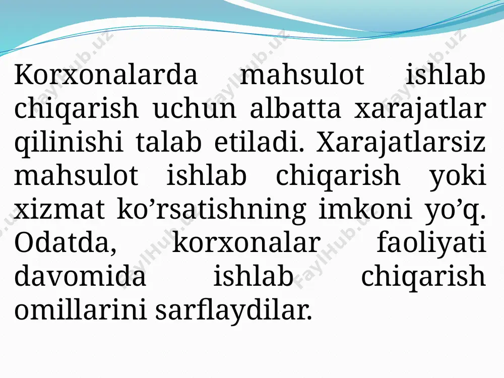 qatish bilan bog‘liq bo‘lgan xarajatlar kiradi. favqulodda xarajat va zararlar esa korxonalarning odatdagi faoliyatidan chetga chiquvchi hodisalar yoki operatsiyalar natijasida vujudga keladigan va ro‘y berishi kutilmagan odatdan tashqari xarajatlar kiradi. masalan, zilzila, sel kabi tabiiy ofatlar natijasida ko‘rilgan zararlar. korxonalarda amalga oshiriladigan xarajatlarni ayrim belgilariga ko’ra turkumlash mumkin. jumladan, korxonalardagi xarajatlarni o‘zgaruvchan va doimiy xarajatlarga bo‘lish mumkin. doimiy xarajatlar ishlab chiqarilayotgan mahsulot hajmiga bog‘liq bo‘lmagan holda amalga oshiriladi. masalan, ijaraga olingan asosiy vositalarga to‘lanadigan ijara haqi, asosiy vositalarning amortizatsiya summasi va boshqalar doimiy xarajatlar tarkibiga kiradi. o‘zgaruvchan xarajatlar ishlab chiqariladigan mahsulot hajmining o‘zgarishi bilan bevosita bog‘liqdir. ishlab chiqariladigan mahsulotlar miqdorining ko‘payishi o‘zgaruvchan xarajatlar ko‘proq sarflanishini taqozo etadi. ularga xomashyo, mehnatga to‘lanadigan ish haqi, elektroenergiya xarajatlari va boshqa xarajatlar kiradi. korxonalarda xarajatlar mahsulot yetishtirish jarayonida bevosita hamda bilvosita sarflanadigan xarajatlarga ham turkumlanadi. bevosita xarajatlar mahsulotlarni yetishtirishda bevosita qatnashadi. masalan, xomashyo, yoqilg‘i va boshqalar. bilvosita xarajatlar esa mahsulot yetishtirishda bevosita ishtirok etmasada, …