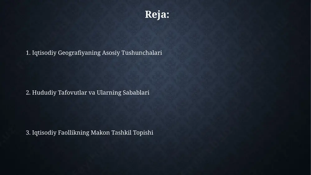 di. ishlab chiqarishning hududiy joylashuvi, masalan, avtomobilsozlik sanoati, 50% dan ortiq resurslarni ta'minlash uchun yirik shaharlar, jumladan toshkent va samarqand yaqinida joylashgan. hududiy siyosat va rejalashtirish қорақалпоғистон республикасининг иқтисодий ривожланиши учун 2022 йилда 3 млрд. ақш долларидан ортиқ инвестициялар жалб этилган бўлиб, бу ҳудудий тенгликка эришишга йўналтирилган. тошкент шаҳри ва унинг атрофидаги вилоятларда аҳолининг 50% дан ортиғи яшайди, бу эса ҳудудий сиёсатнинг асосий эътиборини инфратузилма ва хизматлар ривожига қаратишни тақозо этади. qishloq xo‘jaligi geografiyasi qishloq xo‘jaligi geografiyasi o‘zbekistonning farg‘ona vodiysida paxta yetishtirishning 30% dan ortiq qismini tashkil etadi va bu mamlakat iqtisodiyotining muhim qismini tashkil qiladi. o‘zbekistonning andijon viloyatida 5000 ga yaqin dehqon xo‘jaliklari faoliyat yuritadi va ularning ko‘pchiligi 5-10 gektar maydonlarda meva va sabzavot yetishtiradi. davlat va xususiy sektorning roli davlat sektorining 2022-yilda o'zbekistondagi umumiy yalpi mahsulotga 30% dan ortiq hissa qo'shgani, xususiy sektor esa qolgan qismini qamrab olgani, bu nisbatlar mintaqaviy farqlarga ega ekanligini ko'rsatadi. xususiy sektorning samarqand …
