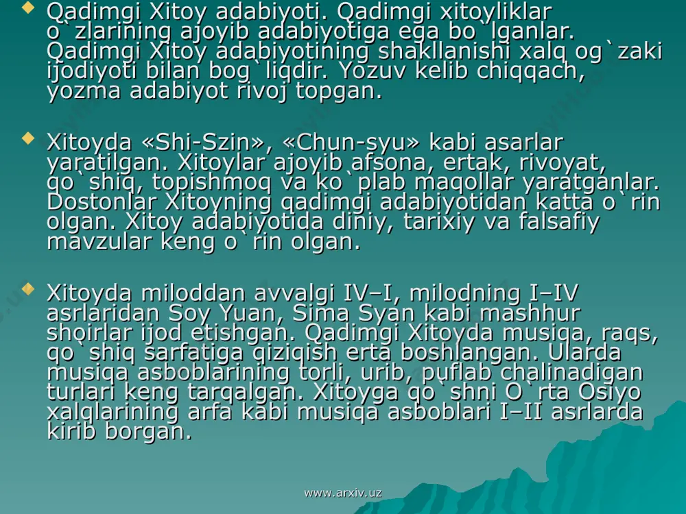 qlarga erishganlar. bu jihatdan miloddan avvalgi ii asrda tuzilgan «matematikaning to`qqiz kitobi» degan asar diqqatga sazovordir. kitobda matematikaning asoslari tushuntirib berilgan. bu kitob dehqon, olim, hunarmand, tarixchi, astronom, chor-vador va me`morlar uchun uzoq vaqtgacha qo`llanma bo`lib xizmat qilgan. xitoy olimlari astronomiya sohasida ham jiddiy yutuqlarga erishganlar. davlat, xo`jalik ishlarini yuritish, vaqtni hisoblash va taqvim tuzish zaruriyati astronomiya bilimlarini to`plashni taqozo etgan. xitoy astronomlari miloddan avvalgi ii mingyillikdayoq astronomik kuzatishlarni boshlaganlar. miloddan avvalgi 145–90-yillarda yashagan xitoy tarixchisi sim syanning «tarixiy xotiralar» kitobining bir bo`limi osmon jismlari masalasiga bag`ishlangan. www.arxiv.uz www.arxiv.uz tarixchi ban guning «xan tarixi» kitobida 783 yulduzning nomi keltirilgan. milodning ii asrida yashagan chjan xenning astronomiya va matematikaga oid asarida esa 124 yulduz turkumi, 2500 yulduzlarning nomi eslatib o`tilgan. bu davrda planetalar harakatini kuzatishga ham katta ahamiyat berilgan. xitoy astronomlari bir yil 365 kun ekanligini aniqlaganlar. ular bir yilni 12 oyga bo`lganlar va quyosh-oy taqvimini tuzganlar. xitoy astronomlari quyosh va …