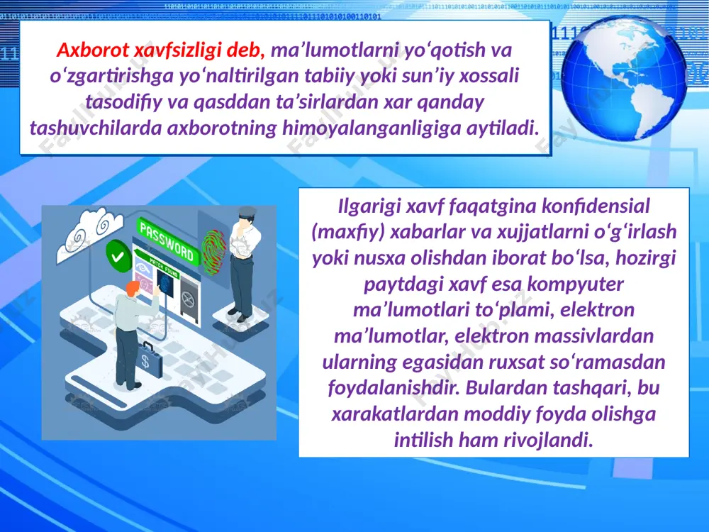 moyani ta’minlamaydigan ob’ektning zaif joylari aniqlanadi. odatda ko‘p sonli foydalanuvchilarga ega bo‘lgan korporativ kompyuter tarmoqlari uchun maxsus "xavfsizlik siyosati" deb ataluvchi, tarmoqda ishlashni ma’lum tartib va qoidalarga bo‘ysindiruvchi (reglamentlovchi) hujjat tuziladi telekommunikatsiyalarni yaratish, ishlatish va rivojlantirish sohasidagi ijtimoiy munosabatlarni tartibga solishdan iboratdir ushbu konunning maqsadi:axborotlashtirish, axborot resurslari va axborot tizimlaridan foydalanish soxasidagi munosabatlarni tartibga solishdan iborat. ushbu qonunning maqsadi:elektron raqamli imzodan foydalanish soxasidagi munosabatlarni tartibga solishdan iborat. elektrop raqamli imzoning yopiq kaliti - bu faqat hujjat muallifiga ma’lum bo‘lgan va elektron hujjatda elektron rakamli imzoni hosil kilish uchun mo‘ljallangan belgilar ketma-ketligi. elektron sertifikat - bu sertifikatsiya tizimi koidalariga binoan belgilangan talablarga ko‘ra elektron rakamli imzo vositalarining muvofiqligini tasdiqlash elektron raqamli imzo kalitini ruyxatga olish markazi tomonidan berilgan hujjat. hozirgi kunda kompyuter viruslarini aniqlash va ulardan himoyalanish uchun maxsus dasturlarning bir necha xillari ishlab chiqilgan bo‘lib, bu dasturlar kompyuter viruslarini aniqlash va yo‘qotishga imkon beradi. bunday dasturlar virusga qarshi dasturlar yoki …