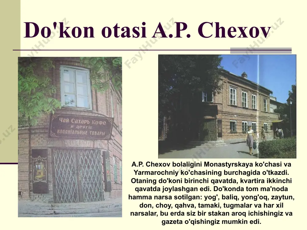 si va bo'lajak rafiqasi olga leonardovna knipper tashrif buyurdi. teatr sahnasida chexovning “gilos bogʻi”, “uch opa-singil”, “chayqa” pyesalari qoʻyilgan, ularda bosh rollarni o. l. knipper ijro etgan. 1899 yilda u buni "hayotimning so'nggi sahifasi" deb atagan. to'y 1901 yil 25 mayda moskvada bo'lib o'tdi. to'ydan keyin olga leonardovna moskva sahnasini tark etmadi va chexov sog'lig'i sababli janubda yashashga majbur bo'ldi. chexov va knipperning birga yashagan yillari uzoq ajralishlar, noyob uchrashuvlar va nihoyatda boy yozishmalar hikoyasidir. yalta chexov sog'lig'i sababli (u sil kasali edi) melixovo mulkini sotishga va yaltada er uchastkasini sotib olishga majbur bo'ldi, u erda uy qurilgan, u belaya dacha deb nomlangan va kuprinning so'zlariga ko'ra, "eng o'ziga xos" bo'lgan. yaltada qurilish." bu yerda mehmonlar ham ko‘p edi. yozuvchilar chexovga kelishdi, chaliapin uning uyida qo'shiq aytdi, raxmaninov o'ynadi ... yaltaga kelishi bilanoq u sil kasali kasalxonasi qurilishida qatnasha boshladi. bu yillarda “joyda”, “it bilan xonim”, “gilos bog‘i” pyesasi yozildi. …