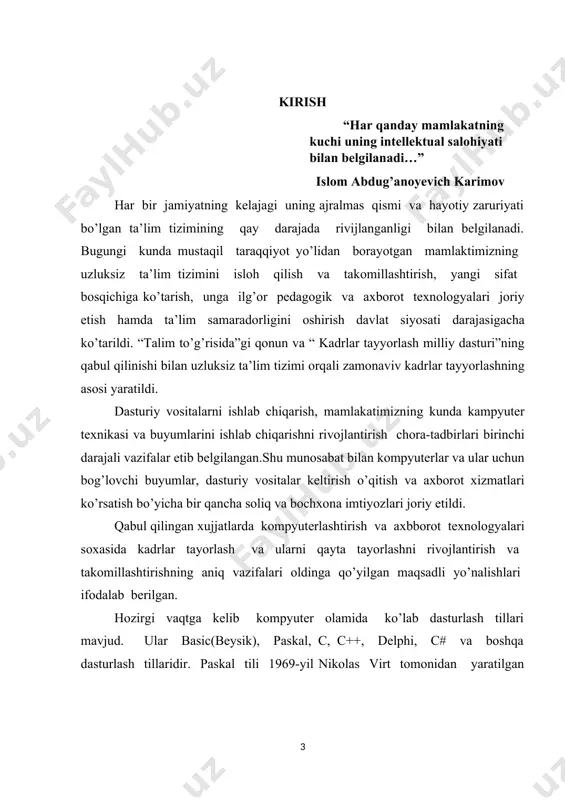 ixini o’rganish. c# tilida kompanentalar bilan ishlash haqida tushunchalar olish va o’rganish. kurs ishining asosiy vazifalari: · oyinlar tuzishga bolgan tushunchaga berish usullarining visuallashtirilish; · dasturlash haqidagi umumiy ma’lumotlarga tayangan holda dastur tuzishni o’rganish; · oyin turlaridan biri tir otishmalar harakatini algaritmlar yordamida korsatish · mexanik harakat turidan biri tekkis aylanma harakatga asoslangan dastur yaratish kurs ishining obyekti: c# dasturlash tili bilan yaqindan ishlash va u haqida to’liq ma’lumot berish va uni amalda qo’llash. kurs ishining predmeti: c# dasturlash tilini keng targ’ib etish. kurs ishining tarkbi: kurs ishiga kirish, 2 bob, xulosa, foydalanilgan adabiyotlar, ilovadan iborat. i.bob.nazariy qism 1.1. zamonaviy dasturlash tillari hozirgi kunda respublikamizdagi texnika oily o‘quv yurtlarida “informatika va axborot texnologiyalari” yo‘nalishi va mutaxassisliklariga turli xil dasturlash tillarini o‘rgatish mo‘ljallangan. bizga ma’lumki, dasturlash tillarining yuzdan ortiq ko‘rinishlari mavjud, lekin qo‘llanilishi ko‘lamiga qarab delphi, java, c++ va c# dasturlash tillari yuqori dasturlash sinfiga mansubdir. mutaxassislarning fikriga ko‘ra c++ dasturlashtili …