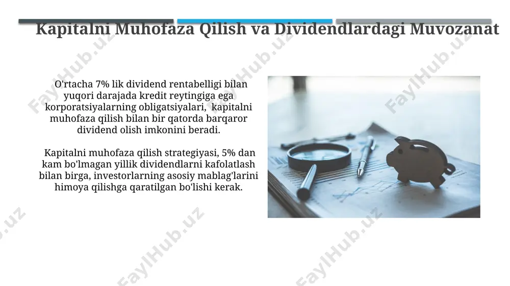 sh strategiyalari inflýatsiyadan himoya qilish uchun kapitalni himoya qilish strategiyasiga kamida 5% lik inflyatsiyaga mos keladigan daromad keltiruvchi obligatsiyalar yoki boshqa vositalarni qo'shish kiradi. kapitalni himoya qilishning bir strategiyasi – portfelni diversifikatsiya qilish orqali 10-15% dan kam bo'lmagan turli aktivlarga (aktsiyalar, obligatsiyalar, ko'chmas mulk) investitsiya qilishni o'z ichiga oladi. uzoq muddatli kapital o'sishi strategiyasi strategiya tarkibiga xavfni diversifikatsiya qilish, kamida 3-5 ta turli aktiv sinflariga investitsiyalarni o'z ichiga oladi. uzoq muddatli investitsiyalarni saqlab qolish uchun, kamida 7-10 yillik gorizont belgilash va rejadan chetga chiqmaslik tavsiya etiladi. kapitalni saqlashning asosiy tamoyillari uzoq muddatli kapitalni saqlash rejasi doirasida portfelni muntazam ravishda qayta koʻrib chiqish va kerak boʻlganda sozlash, masalan, har 6 oyda yoki yilda kamida bir marta, muhim ahamiyatga ega. inflatsiyadan himoya qilish uchun kapitalni saqlash strategiyasiga inflyatsiyaga chidamli aktivlar, masalan, koʻchmas mulk yoki xom ashyo kabi aktivlarni qoʻshish kerak. bu 2-5% ga qadar inflyatsiyani qoplashga yordam beradi. e'tiboringiz uchun rahmat @taqdimot_robot …