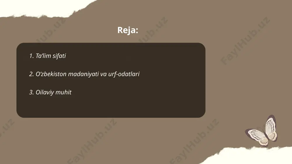 iy oilaviy muhit bolaning akademik va ijtimoiy muvaffaqiyatini 30 foizgacha oshirishi mumkin. tuyg'u va qo'llab-quvvatlashning yetishmasligi bolalarda xulq-atvor muammolarini 20 foizga oshiradi. oiladagi muloqot darajasi past bo'lgan mamlakatlarda o‘smirlar orasida stress 25 foizga ko‘proq kuzatiladi. shuningdek, yaqinroq oilaviy aloqalar sog'lom turmush tarzini targ'ib qiladi va yoshlarning 15 foizga kamroq xavfli harakatlar qilishiga yordam beradi. ... t.me/slaydai_bot 4. moliyaviy ahvol moliyaviy ahvol mavzusida qisqacha ma'lumot: o‘zbekiston respublikasi davlat byudjetining daromad qismi asosan soliqlar va boshqa tushumlar hisobidan shakllanadi. 2022-yilda umumiy daromadlar 142,4 trillion so‘mni tashkil etgan. iqtisodiyotning o‘sish sur’ati 5,7% bo‘lgan bo‘lsa, inflyatsiya darajasi 11,7% atrofida qayd etilgan. davlat qarzi yalpi ichki mahsulotning 40,6% ini tashkil etadi. bank sektoridagi aktivlar miqdori 462 trillion so‘mga yetgan bo‘lib, bu o‘tgan yilga nisbatan 15% o‘sishni ko‘rsatadi. 2023-yil byudjetida iqtisodiy o‘sish prognozi 5,0% deb belgilangan. ... t.me/slaydai_bot bilim olishga qiziqish hozirgi kunda ko'plab omillar ta'siri ostida oshmoqda. 2021-yilgi statistika ma'lumotlariga ko'ra, o‘zbekiston aholisining 60% dan …