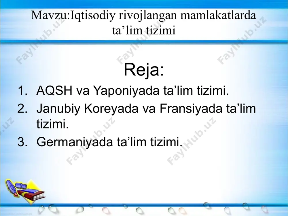 beriladi. amerika oliy o’quv yurtlariga kirish uchun belgilangan sinov (test)lar ikki xil bo’ladi: sat (sxolastik aptityud test); akt (amerikan kollej test) sinovlari. sat sinovlari murakkabroq bo’ladi. mashhur universitetlarga kirish uchun sat sinovlarini topshirish shart bo’ladi. bulardan tashqari murakkablashtirilgan sinov ham bor. bu sinovni oliy maktablarga kirayotgan barcha talabalar ham topshirishlari shart emas. mabodo biror talaba shu murakkablashtirilgan sinovlarni topshirib universitetga kirsa, u talabaga maxsus stipendiya beriladi. amerikaning eng katta boyligi — bu aql. aql bu mamlakatda qadrlanadi, aqlli talabalar alohida taqdirlanadi. aqlli, a’lochi talabalar o’quv yurtlarining faxri sanalgani sababli ham, ularga turli yo’llar bilan yordam berish, stipendiyalar tayinlash orqali ularni o’quv yurtlarida saqlashga harakat qiladilar. o’zi tanlagan sohada yutuqlarga erishayotgan talabalar ro’yxati har yili alohida kitobda nashr etilib turiladi. bundan maqsad mazkur soha bilan qiziquvchi kompaniyalarning e’tiborini bo’lajak olimlarga qaratishdir. yaponiyada ta’lim tizimi majburiy ta’lim. ta’limning pog’onasi 6 yoshdan 15 yoshgacha bo’lgan bolalarni o’z ichiga oladi. 6 yillik boshlang’ich ta’lim …