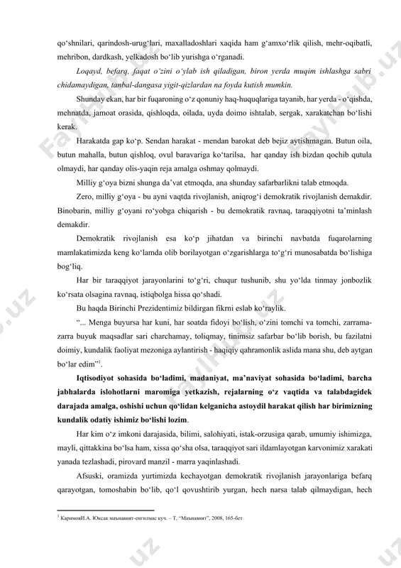 miz tarbiyalashimiz lozim. buning uchun yoshlarimiz bilan ko‘proq gaplashish, ularning qalbiga quloq solish, dardini bilish, muammolarini yechish uchun amaliy ko‘mak berishimiz kerak. bu borada uyushmagan yoshlar bilan ishlashga alohida e’tibor qaratishimiz zarur. bu vazifalarni amalga oshirishda biz asrlar mobaynida shakllangan milliy an’analarimizga, ajdodlarimizning boy merosiga tayanamiz. farzandlarimiz, ayniqsa, qiz bolalarning zamonaviy bilim va kasb-hunarlarni, xorijiy tillarni egallashlari, har tomonlama sog‘lom va barkamol bo‘lib, hayotdan munosib o‘rin topishlari uchun barcha kuch va imkoniyatlarimizni safarbar etamiz. fuqarolar davlatni boshqarishda qanchalik keng va faol ishtirok etayotgani demokratik rivojlanishda, shubhasiz, katta ahamiyatga ega. shu bois, aholining, xususan yoshlarning atrof-tevarakda ro‘y berayotgan demokratik o‘zgarishlarga munosabati, ijodiy faolligi, yangilikka intilishi, davlat va nodavlat tashkilotlari ishiga aralashuvi, tashabbus ko‘rsatib, ijodiy yondashuviga erishish shu kunning dolzarb masalalaridan biri sifatida xal qiluvchi ahamiyat kasb etmoqda. har bir inson, har bir fuqaro kundalik jo‘shqin, rang-barang xayotimizning barcha jabxalarida o‘z shijoati, bilimi, malakasi, qalb qo‘ri bilan tinib-tinchimay talabdagidek ish olib borsa, …