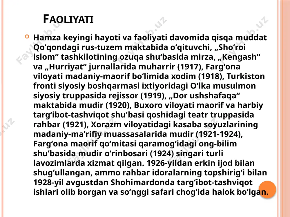 hoirlarga ergashgan holda gʻazallar yoza boshlagan. 1914-yilda tartib berilgan qoʻlyozma devoniga shoirning 1905–1914-yillarda „nihoniy“ taxallusi bilan yozgan 214 ta sheʼri kiritilgan. shoirning „gul“ (1913–1916), „milliy ashulalar uchun milliy sheʼrlar majmuasi“ (1915–1917) sheʼriy toʻplamlaridagi „yigʻla, turkiston“, „yaxshi holin yoʻqotgan oqibatsiz turkiston“, „koʻzni oching, qardoshlar“, „darmon istamas“ kabi sheʼrlarida milliy uygʻonish gʻoyasi katta mahorat bilan ifodalangan. pochta konverti 1979-yil oʻquv qoʻllanmalari 1908–1910-yillarda hamza adabiy va ijtimoiy faoliyatini jadidchilik harakati bilan uzviy bogʻlagan. hamza yangi usuldagi maktablar ochish va bu maktablar uchun yangi tipdagi oʻquv qoʻllanmalari yaratish yoʻli bilan xalqni maʼrifatlashtirish maqsadida qoʻqon va margʻilonda ochgan maktab oʻquvchilari uchun „yengil adabiyot“, „oʻqish kitobi“ (1914) va „qiroat kitobi“ (1915) oʻquv qoʻllanmalarini tayyorlagan. hamza katta yoshdagi kishilar uchun „milliy ashulalar uchun milliy sheʼrlar majmuasi“ umumiy nomi ostida „gul“ toʻplamlarini eʼlon qilgan (1915-1919). hamza mazkur majmualari (8 boʻlimdan iborat) bilan oʻzbek sheʼriyatiga yangi mazmun va yangi gʻoyalar olib kirgan va ayniqsa, jadid adabiyoti taraqqiyotiga katta hissa …