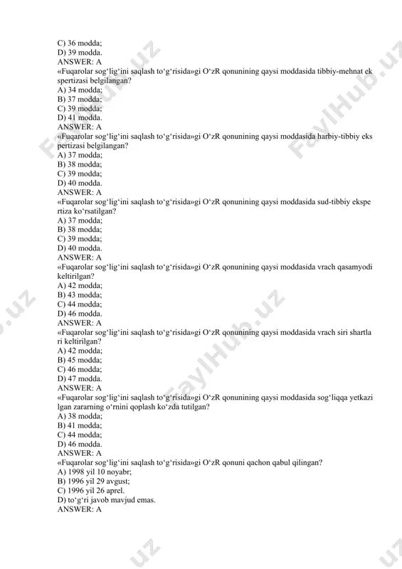 ilgan? a) 42 modda; b) 43 modda; c) 44 modda; d) 46 modda. answer: a «fuqarolar sog‘lig‘ini saqlash to‘g‘risida»gi o‘zr qonunining qaysi moddasida vrach siri shartlari keltirilgan? a) 42 modda; b) 45 modda; c) 46 modda; d) 47 modda. answer: a «fuqarolar sog‘lig‘ini saqlash to‘g‘risida»gi o‘zr qonunining qaysi moddasida sog‘liqqa yetkazilgan zararning o‘rnini qoplash ko‘zda tutilgan? a) 38 modda; b) 41 modda; c) 44 modda; d) 46 modda. answer: a «fuqarolar sog‘lig‘ini saqlash to‘g‘risida»gi o‘zr qonuni qachon qabul qilingan? a) 1998 yil 10 noyabr; b) 1996 yil 29 avgust; c) 1996 yil 26 aprel. d) to‘g‘ri javob mavjud emas. answer: a «iste’molchilar huquqini himoya qilish to‘g‘risida»gi o‘zr qonunining qaysi moddasida yetkazilgan zararga mulkiy javobgarlik keltirilgan: a) 18 modda; b) 19 modda; c) 20 modda. d) to‘g‘ri javob mavjud emas. answer: a «iste’molchilar huquqini himoya qilish to‘g‘risida»gi o‘zr qonunining qaysi moddasida ma’naviy zararga to‘lov nazarda tutilgan: a) 19 modda; b) 22 …