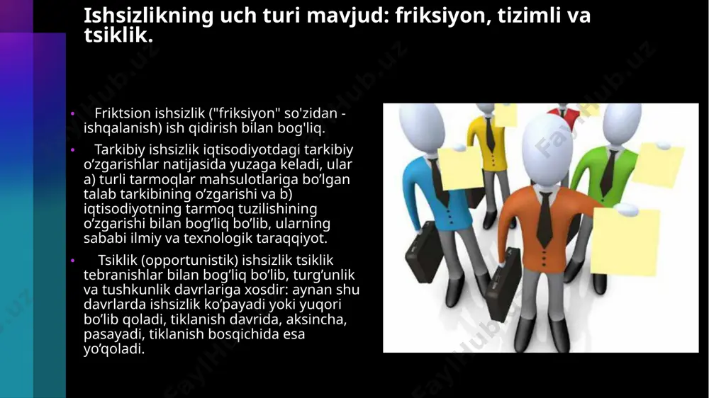 tgan fuqarolarga yangi tashkil etilgan ish o’rinlari bilan ta’minlaydigan korxonalar uchun imtiyozlar tizimini ishlab chiqish; mehnat bozorining barcha ishtirokchilarini o'z harakatlarini muvofiqlashtirish uchun qonuniy muvofiqlashtirish; o‘zbekistonda ishsizlik muammosi va unga qarshi kurashish tajribalar. i 2022-yilning 1-iyul holatida respublikamizda iqtisodiy nofaol aholi 4 353,2 ming kishini tashkil etib, o‘tgan yilning mos davriga nisbatan 0,9 foizga yoki 38,8 ming kishiga ortishi kuzatildi. o‘tkazilgan tadqiqot natijalariga ko‘ra ishga muhtoj bo‘lganlarning umumiy soni 1 326,6 ming kishini, ishsizlik darajasi iqtisodiy faol aholi orasida 8,8 foizni tashkil etdi. 16-30 yoshgacha bo‘lganlar orasida ishsizlik darajasi 14,5 foiz, ayollar orasida ishsizlik darajasi esa 12,8 foiz bo‘ldi. 2022 yilning 1 yanvar holatida respublikada iqtisodiy nofaol aholi 4 million 364,2 ming kishini tashkil etib, o‘tgan yilning mos davriga nisbatan 0,5 foizga yoki 19,8 ming kishiga ortishi kuzatilgan. 2021 yilning yanvar-dekabr oylarida tuman (shahar) aholi bandligiga ko‘maklashish markazlariga 879,5 ming nafar fuqaro ish topishga yordam so‘rab murojaat qilgan. murojaat qilgan …