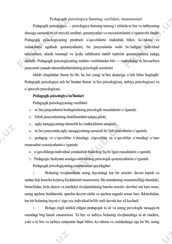 rcha senzitiv davrlari ma`lum emas, uning qachon boshlanishi, qancha davom etishi va qachon tugashi noma`lum. ikkinchidan, har bir bolaning hayoti o`ziga xos individual bo'lib. turli davrda har xil kechadi. 2. bolaga ongli tashkil etilgan pedagogik ta`sir va uning psi​xologik taraqqiyoti orasidagi bog`lanish muammosi. ta`lim va tarbiya bolaning rivojlanishiga ta`sir etadimi, yoki u ta`lim va tar​biya natijasida faqat bilim, ko nikma va malakalarga ega bo`lib, uning intellektual va axloqiy rivojlanishga ta`sir qilmaydimi? har qanday ta`lim bolaning rivojlanishiga ta`sir qiladimi yoki faqat muammoli va rivojlantiruvchi ta`limmi? 3. ta`lim va tarbiyaning umumiy va yosh muammolari. bola hayotining har bir aniq davrida ta`limga yoki tarbiyaga urg`u be​rish kerakmi? bola hayotining ayni davrida nimaga ko`proq ehti​yoj sezadi: kognitiv-intellektual yoki shaxs sifatida rivojlanishgami? 4. pedagogik ta`sirlarning kompleksligi va bola taraqqiyotining sistemaliligi xarakteri muammosi. bola taraqqiyotini kognitiv va shaxsiy xislatlarning o`zgarishi sifatida tasavvur qilsak, ularning har biri alohida rivojlanishi mumkin, har birining rivojlanishi boshqa xususiyatlarga bog'liq. 5. …