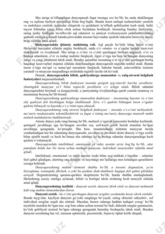 ar, zero, o‘sha davrda keng tarqalgan tasavvurga ko‘ra, haqiqiy donishmandlik ajdodlardan meros qolgan, asrdan asrga o‘tib kelayotgan afsonalar, din va rivoyatlarda mujassamlashgan. donishmandlar deb, asrlar sinovidan, eng so‘nggi haqiqat manbai sifatidagi bilimlarga ega bo‘lgan bashoratgo‘ylar, kohinlar va oqsoqollar e’tirof etilgan. ularning so‘zlari birdan-bir to‘g‘ri deb qabul qilingan. faylasuf esa, qadimgilar fikriga ko‘ra donishmandlik muxlisi bo‘lishi, e’tiqod sifatida qabul qilingan tayyor haqiqatlarga emas, balki o‘z aqliga tayanib, ijodiy yo‘l bilan, shuningdek boshqa faylasuflar tomonidan olingan bilimlar va tajribadan foydalangan holda maqsadga intilishi lozim bo‘lgan. falsafaning predmeti. falsafaning predmeti – insonning olamga munosabatini o’rganishdan iborat. dunyoqarashning mohiyati. ayni shu davrdan boshlab insonning ancha rivojlangan dunyoqarashi shakllangani haqida va umuman to‘plangan bilimlar, amaliy ko‘nikmalar, vujudga kelgan qadriyatlar, o‘zi va o‘zini qurshagan dunyo haqidagi tasavvurlar majmui sifatidagi odamlar dunyoqarashi to‘g‘risida ishonch bilan so‘z yuritish mumkin. hayot tajribasi va empirik bilimlar asosida shakllanadigan dunyoqarash oddiy dunyoqarash deb ataladi va insonning dunyo haqidagi tasavvurlarining tizimsiz majmui …