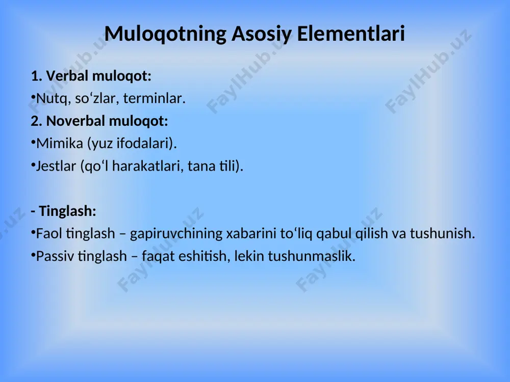 boshqalarning his-tuyg‘ularini tushunish. o‘z his-tuyg‘ularini ochiq ifodalash. so‘zsiz muloqotni rivojlantirish: mimika, jestlar va intonatsiyani to‘g‘ri ishlatish. tana tilini muloqotda samarali qo‘llash. muloqotning ahamiyati shaxsiy hayotda: munosabatlarni mustahkamlash, ziddiyatlarni hal qilish. professional hayotda: jamoa bilan samarali ishlash, loyihalarni muvofiqlashtirish. ijtimoiy hayotda: turli madaniyat va qarashlar bilan hamkorlik qilish. e’tiboringiz uchun rahmat