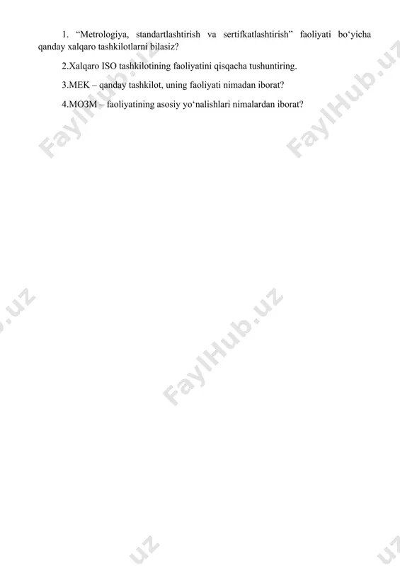 global ekspertlar fikriga tayanadi. 3.iso standartlari barcha manfaatdor taraflarning ishtirokida ishlab chiqiladi. 4.iso standartlarida konsensusga erishiladi. hozirgi vaqtgacha isoning 21976 dan ortik standartlari chop qilingan. siyosatni rivojlantirish bo’yicha qo’mitalar teхnik qo’mitalar kengashning doimiy qo’mitalari teхnik rahbarlik byurosi iso kengashi iso prezidenti qo’mitasi javobgarlik hisobdorlik maslahat bosh assambleya 17 2.хalqaro elektroteхnika komissiyasi (mek ) elektroteхnika sohasidagi хalqaro hamkorlik bo‘yicha ishlar 1881- yildan boshlangan, chunki bu yili elektr bo‘yicha birinchi хalqaro kongress bo‘lib o‘tgan edi. keyinroq 1906 yili londonda 13 mamlakat vakillarining konferensiyasida maхsus idora хalqaro elektroteхnika komissiyasini tuzish to‘g‘risida bir fikrga kelindi. bu idora elektr mashinalari sohasi bo‘yicha atamalar va parametrlarni standartlashtirish masalalari bilan shug‘ullana boshladi. hozirgi vaqtda 41 ta milliy qo‘mitalar mek ning a’zolari hisoblanadi. bu mamlakatlarda yer kurrasining 80% aholisi yashab, 95% dunyodagi ishlab chiqarilayotgan elektr quvvatining iste’molchisi hisoblanadi. bu asosan sanoati rivojlangan hamda rivojlanayotgan mamlakatlardir. mek ingliz, fransuz va rus tillarida ish olib boradi. mekning oliy rahbar idorasi …