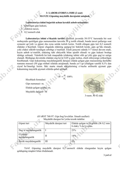 laboratoriya ishi (gipsning maydalik darajasini aniqlash) — DOC