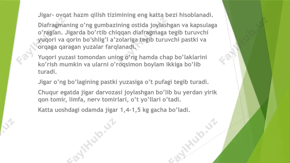 orlik jigarlarini faqatgina 2 ta manbasi bor 1.si. vafot etgan insonning mutlaqo sog’lom jigari. 2.si. tirik insonning jigari. ko’chirib o’tkazish bo’yicha operatsiya: vafot etgan donorning jigar transplantatsiyasi ortotopik operatsiya hisoblanadi. bu jarayonda ishlamayotgan organ olib tashlanadi va uning o’rniga donorning organi ko’chirib o’tkaziladi vafot etgan donorning butunlay sog’lom jigarini toppish qiyin bo’lganligi sababli jahonda tobora bemorning sog’lom va tirik qarindoshi organining bir qismini ishlatilmoqda. operatsiyaga tayyorgarlik: qorin bo’shlig’ining kt.si uqt, qbt, grga qon aniqlash serologik tekshiruvlar jigar uzisi virusga analiz, oits.ga analiz topshirish ekg mantu probasi gnikologga yuborish (urologga) stomatologga yuborish tirik donordan ko’chirib o’tkazish tirik dnorning jigari yaxshiroq yashovchan. ayniqsa bolalar peresadkasi boshqalarga nisbatan yaxshiroq amalga oshadi. bu yerda patsiyentlardagi yashovchanlik 92 %ni tashkil qiladi (agar jigar qarindoshdan olingan bo’lsa). murdadan olingan organ peresadkasida bu ko’rsatgich 85%ni tashkil qiladi, xattoki yangi o’simtali bemorlarda ham yashovchanlik ancha yuqori-80%. bu metodning kamchiliklari ham bor: donorda asorat qolishi ehtimoli mavjud operatsiya tehnikasi …