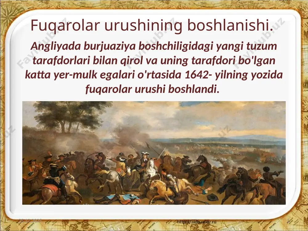 qaning xohish-istagi bilan kromvel parlamentni tarqatib yubordi va butun hokimiyatni o'z qo'liga oldi. bu esa amalda davlat to'ntarishi edi. kromvel avvalgi parlamentning yangi dvoryanlar va burjuaziya manfaatlarini himoya qiluvchi barcha qarorlarini tasdiqladi. 19.08.2019 10 kromvel vijdon erkinligini ham e'lon qildi. bu uning eng katta xizmatlaridan biri edi. chunonchi, 1654- yilda dengiz savdosidagi asosiy raqib-gollandiyaning mag'lubiyatga uchratilishi, keyinchalik ispaniya ustidan ham g'alaba qozonishi buning yorqin dalillari bo'ldi. 19.08.2019 11 kromvelning tashqi siyosati ham hukmron tabaqa manfaatiga to'la mos keldi. 1688- yilgi saroy to'ntarishi. 19.08.2019 12 1658- yilda kromvel vafot etdi. uning o'limidan ikki yil o'tgach respublika tuzumi ham barham topdi. 1660- yilda monarxiya qayta tiklandi. taxtga qatl etilgan qirol karl i ning o'g'li karl ii o'tqazildi. karl ii 1685- yilda uning ukasi yakov ii taxtni egalladi. u mamlakatda katolik dinini tiklashga kirishdi. 19.08.2019 13 bu esa aholi o'rtasida keskin norozilikni vujudga keltirdi. yakov ii 1688- yilda vilgelm iii oranskiy o'z qo'shini …