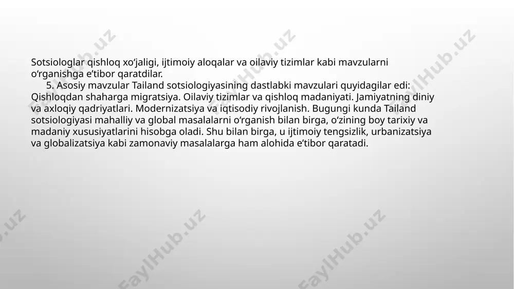 hlillarni o'z ichiga oladi. shaxslar va guruhlar o'rtasidagi munosabatlar, ijtimoiy rol va jamiyatdagi ijtimoiy me'yorlar hamda ularning ta'siri bu maktabning asosiy yo'nalishlaridan biridir. 4. ijtimoiy o'zgarishlar va rivojlanish sotsiologiyasi: bu maktab ijtimoiy tuzilmalar va tizimlarning qanday o'zgarishini va rivojlanishini o'rganadi. tailandda, asosan 1980-yillardan boshlab, iqtisodiy o'zgarishlar, shaharlashtirish va sanoatlashish jarayonlari ijtimoiy tuzilmalar bilan qanday bog'liqligini tahlil qilishdi. eʼtiboringiz uchun rahmat image2.jpeg image3.tmp image4.tmp image5.tmp image6.tmp image7.tmp image8.tmp image9.tmp image10.jpeg image1.png /docprops/thumbnail.jpeg