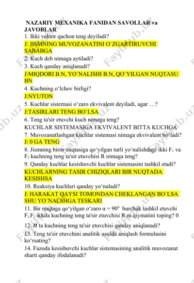 nazariy mexanika fanidan savollar va javoblar — DOCX