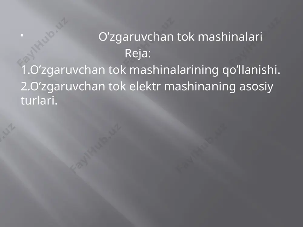 i (1) fazalari (chuqurchalari) orasiga uch fazali o‘ram (3) joylashtirilgan. fazalarning o‘ram boshlanishlari a, b, c, oxirlari x, y, z harflari bilan belgilangan. uning rotorida (2) uyg‘otish o‘rami (4) joylashtirilgan. bu o‘ramlar cho‘tka (5) va dumaloq halqa (6) bilan (uzukka o‘xshash) tashqi tok manbayiga ulangan. uyg‘otish uchun kerak bo‘lgan quvvat sinxron mashinaning 0,3–3 % ni tashkil etadi. asinxron generator — generator rejimida ishlaydigan asinxron mashina; mexanik energiyani elektr energiyasiga aylantirib beradi. asinxron generator xarakatlantiruvchi dvigatel yordamida magnit maydon yoʻnalishida katta tezlik bilan aylantiriladi. bu vaqtda asinxron generator rotorinint sirpanishi manfiy boʻlib qoladi, mashina valida tormozlovchi moment vujudga keladi va energiyasini tarmoqqa berib, generator sifatida ishlaydi. asinxron generatordan kichik quvvatli yordamchi elektr tok manbai va tormozlash qurilmasi sifatida foydalaniladi. foydalanilgan adabiyotlar-ziyo.uz student.andmi.uz ziyo.net sharq yulduzi.uz times new roman garniturasi extremum-press.ru e’tiboringgiz uchun rahmat. image2.jpg /docprops/thumbnail.jpeg