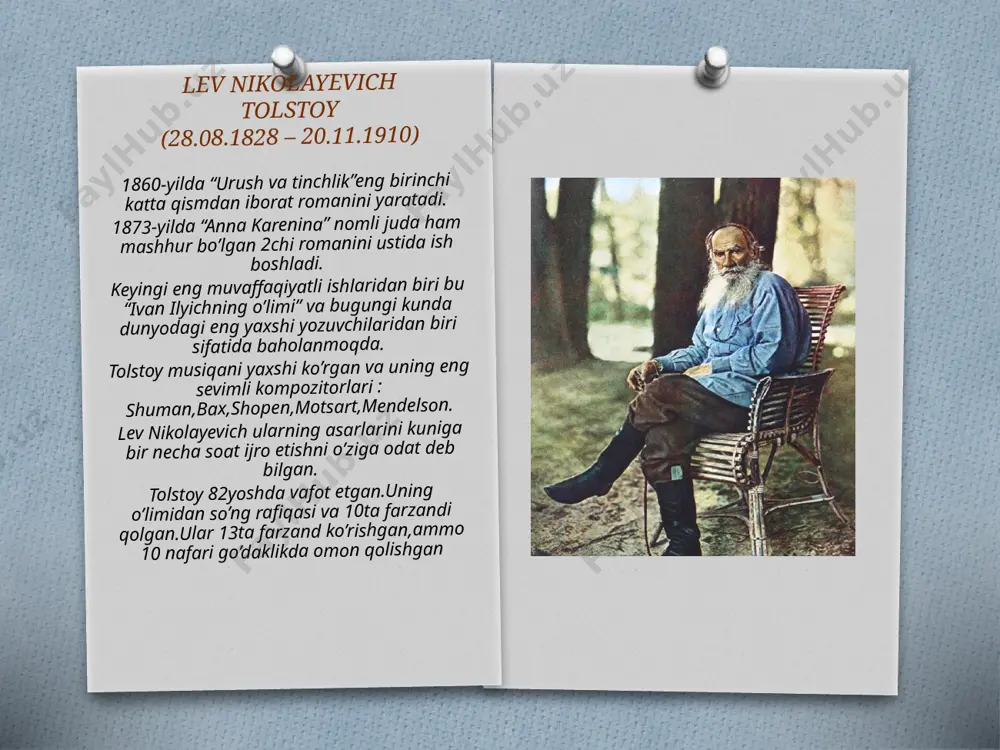 alar, dehqonlar, fuqarolar, askarlar va hatto imperatorlar qamrab olingan. asarning asosiy g’oyasi va leymotivini aniqlang epopeya romanining syujetidan ko’rinib turibdiku uni 2ta mavzuga urush va tinchlika ajratib bo’lib olish mumkin. agarda dunyo zodagonlarning kundalik hayotining tavsifi bo’lsa, urush bu bosqinchilarga qarshi kurashda xalq qahramonligining namoyisahidir,bu ma’naviyatning ko’tarinki ruhini tasvirlaydi. shuningdek g’alaba uchun qanday qurbonliklar qilingan va bunga qanday mashaqat bilan erishilgan. asar sarlavhasi haqidagi fikringiz epos romanining boshlarida urush va tinchlik o’zaro ko’rinmas aloqalar bog’lab turadi.urush deganda biz nafaqat qo’shinlarning harbiy yurushi balki tinch hayotda ham odamlarning bir biriga g’arazlik qilishini tushunsak bo’ladi.tinchlik-urush holatida turmagan tinch xalqning hayoti. portret va personaj tasvirining qahramon psixologiyasi umuman olganda tolstoy qahramonlarning portreti hech qachon uning tashqi qiyofasini diqqat bilan tasvirlamaydi.yozuvchi faqat asosiy narsalarni takidlashga intiladi:ko’zlar,tabassum,qo’llar.xulq-atvor ham xuddi shunday.birgina tafsilot insonning qanday ekanligini aytib berishi mumkin. shoirning sevimli bo’lmagan qahramonlariga qaraganda sevimlilarini tashqi ko’rinishidan chiroyli bo’lmagan ,ammo ularni ichki go’zallikga ega qilib tasvirlagan. muallif …