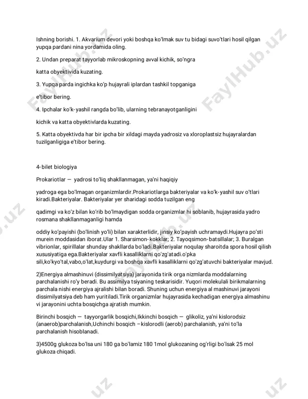imon-batsillalar;3.buralgan vibrionlar,spirillalarshundayshakllardabo'ladi.bakteriyalarnoqulaysharoitdasporahosilqilish xususiyatigaega.bakteriyalarxavflikasalliklarniqo'zg'atadi.o'pka sili,ko'kyo'tal,vabo,o'lat,kuydurgivaboshqaxavflikasalliklarniqo'zg'atuvchibakteriyalarmavjud. 2)energiyaalmashinuvi(dissimilyatsiya)jarayonidatirikorganizmlardamoddalarning parchalanishiro‘yberadi.buassimilyatsiyaningteskarisidir.yuqorimolekulalibirikmalarning parchalanishienergiyaajralishibilanboradi.shuninguchunenergiyaalmashinuvijarayoni dissimilyatsiyadebham yuritiladi.tirikorganizmlarhujayrasidakechadiganenergiyaalmashinu vijarayoniniuchtabosqichgaajratishmumkin. birinchibosqich— tayyorgarlikbosqichi,ikkinchibosqich— glikoliz,ya’nikislorodsiz (anaerob)parchalanish,uchinchibosqich–kislorodli(aerob)parchalanish,ya’nito‘la parchalanishhisoblanadi. 3)4500gglukozabo'lsauni180gabo'lamiz1801molglukozaningog'rligibo'lsak25mol glukozachiqadi. glikolizjarayonidac6h12o6+2h3po4+2adf=2c3h6o3+2atf+2h2o 1molglukozadan2molsutkislotahosilboladibizda25molglukozaborsutkislatanitopamiz 1mol———2mol 25mol——x=50molsutkislotahosilbo'larekan 5biletbiologiya 1)ko‘k-yashilsuvo‘tlar.bubo‘limgakiruvchisuvo‘tlaro‘simliklardunyosiningengqadimgi vakillaribo‘lib,o‘ziningjudasoddatuzilishi bilanboshqasuvo‘tlardanfarqqiladi.hujayrasidaxilma-xilpigmentlaruchraydi,lekinular orasida ko‘kfikotsianvayashilxlorofillpigmentlariko‘proqbo‘ladiko‘k-yashilsuvo‘tlarbo‘liminingbir hujayralivakillariga xrokokk(chroccoccus),ipsimon holdagivakillarigaossillatoriyani (ossillatoria),koloniyaliholdagivakillarigaesanostok(nostoc)nimisol qilishmumkin.markaziyosiyocho‘llaridako‘k-yashilsuvo‘tlartuproqhosil bo‘lishijarayonlaridaqatnashadi.ularatmosferadagierkinazotni o‘zlashtirishxususiyatigaegavatuproqniazotgaboyitadi.yaponiyavaxitoydanostokning ba’ziturlariozuqasifatidaishlatiladi. 2)fotosintez.quyoshnurita’siridao‘simliklarningyashilbarglaridakarbonatangidridbilan suvdanmurakkaborganikbirikmalarhosilbo‘lishifotosintezdebataladi.o‘si