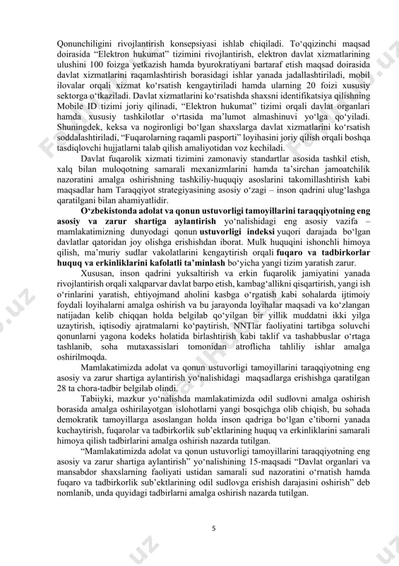maradorligini oshirish, uni jamoatchilik boshqaruvi va nazoratining tayanch bo‘g‘iniga aylantirish vazifasi bo‘lib, aynan ushbu vazifaning ustuvor maqsad sifatida belgilangani bejiz emas. zero, mahalla aholiga, oilalarga eng yaqin bo‘g‘in sanaladi. shu jihatdan so‘nggi yillarda mahalla infratuzilmasini rivojlantirish, mahallabay ishlash tizimini joriy etish bo‘yicha muhim chora-tadbirlar amalga oshirildi. joriy yildan mahallalarda tadbirkorlikni rivojlantirish, aholi bandligini ta’minlash va kambag‘allikni qisqartirish maqsadida hokim yordamchisi instituti joriy etildi. mahallaning ijtimoiy-iqtisodiy rivojlanishi, moliyaviy mustaqilligi, bandlikni ta’minlash, fuqarolar bilan muloqot qilish bo‘yicha manzilli ishlar amalga oshirilmoqda. endilikda bu boradagi ishlar yangicha yo‘nalishda davom ettiriladi. bu borada, avvalo, mahallaning faol modeli yaratiladi. xalq deputatlari mahalliy kengashlarini hududlarda mavjud muammolarni hal qilishdagi asosiy bo‘g‘inga aylantirish vazifasi birinchi yo‘nalishning ikkinchi maqsadi sifatida belgilangan. aytish kerakki, so‘nggi yillarda mahalliy kengashlar ijro organlaridan so‘rovlar o‘tkazish, qarorlar bo‘yicha fikrlar bildirish, byudjetni shakllantirish va nazorat qilish kabi masalalarda faol ishtirok etmoqda. endilikda joylarda taraqqiyot strategiyasining hududiy dasturlari ishlab chiqiladi. olti milliondan ortiq ish o‘rinlari …