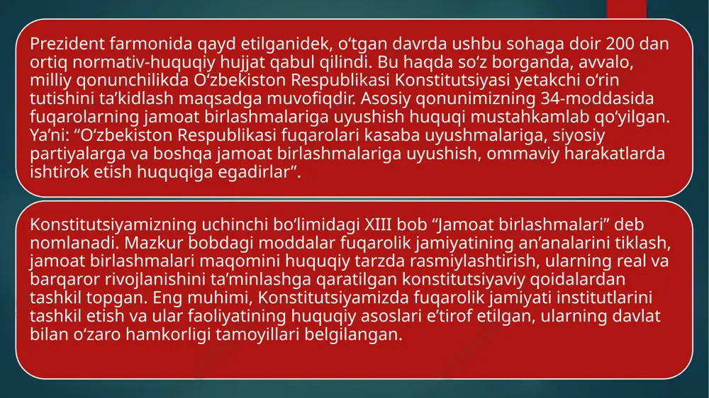 -fanning rolini kuchaytirish, ilmiy-tadqiqot va innovatsion faoliyatni rivojlantirish, ilg‘or ilmiy yutuqlarni amaliyotga joriy etish, joylarda ilmiy maktablarni mustahkamlash hamda tegishli hududiy va tarmoq muammolarini hal qilishda ularning faol ishtirokini ta’minlash ishlari ham mamlakatimiz rahbarining doimiy e’tiborida turibdi. iqtidorli yoshlarni ilmiy faoliyatga jalb qilish, xalqaro miqyosda mamlakat ilm-fani nufuzini oshirish borasida ulkan natijalarga erishilmoqda. xususan, 9 ta ilmiy-tadqiqot muassasasi fanlar akademiyasi tarkibiga qaytarildi, qator ilmiy tashkilotlar qayta tashkil etildi, fanlar akademiyasining fan yo‘nalishlari bo‘yicha 3 ta bo‘limi va navoiy bo‘limi tashkil etildi, o‘zbekistonning eng yangi tarixi bo‘yicha jamoatchilik kengashi faoliyati yo‘lga qo‘yildi. “2017-2021 yillarda respublikada ilmiy-tadqiqot muassasalari infratuzilmasini mustahkam­lash va innovatsion faoliyatni rivojlantirish bo‘yicha kompleks chora-tadbirlar dasturi” amalga oshirilmoqda. birgina madaniy-gumanitar sohalarni rivojlantirish bo‘yicha qilingan ishlar haqida to‘xtalganda, o‘tgan yilning o‘zida madaniyat, adabiyot va san’at, ommaviy axborot vositalari sohasiga taalluqli 12 ta muhim hujjat qabul qilinganini ta’kidlash maqsadga muvofiqdir. – prezidentimizning yangi farmonida fuqarolik jamiyati institutlarining faoliyati bilan bog‘liq ahvol jiddiy …