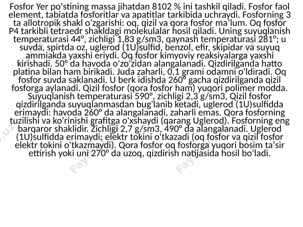 615 daraja haroratda mishyak bug 'hosil bo'ladi (sublimatsiya sodir bo'ladi), bu sirt suyuq havo bilan sovitilganda quyuqlashadi va sariq mishyak hosil qiladi. ushbu modifikatsiya sham kabi yumshoq shaffof kristallar bilan ifodalanadi, ular yorug'lik va engil qizdirilganda yana kulrang mishyakka aylanadi. shuningdek, elementning jigarrang va qora modifikatsiyalari (shishasimon-amorf) ma'lum. mishyak bug 'shishaga yotqizilganida, oynali plyonka hosil bo'ladi. mishyak asosan metall bo'lmagan bo'lsa-da, har qanday odatiy metall singari harorat oshishi bilan uning elektr o'tkazuvchanligi pasayadi. mishyak (rus. mish — sichqon, yad — zahar) — q. margimush.[1] margimush ( fors, marg — ulim, mush — sichqon), mishyak (arsenicum), as — mendeleyev davriy sistemasining v guruhiga mansub kimyoviy element. tartib raqami 33, atom massasi 74,9216. tabiiy margimush bitta barqaror izotop 75as dan iborat. sunʼiy radioaktiv izotoplardan 73as, 74as, 76as muhim. margimushni ilk bor kim ajratib olgani nomaʼlum. 1789-yilda margimushni margimush lavuazye element deb aytgan. margimush massa jihatdan yer po'stining 1,7-10-4 % ini tashkil qiladi. …