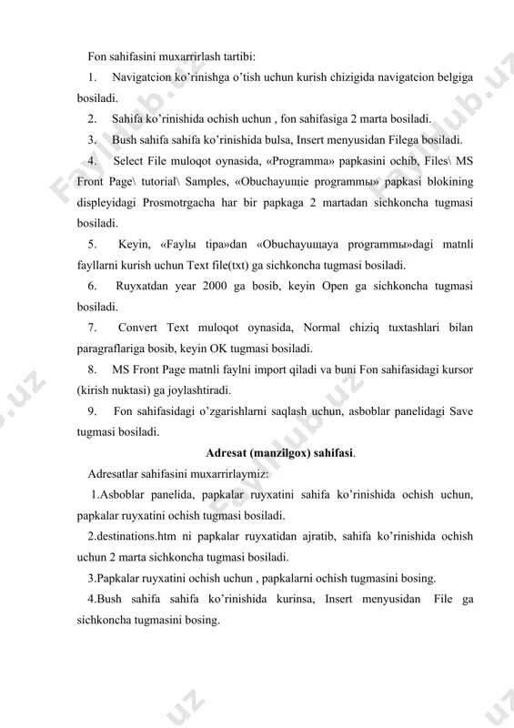 osing. 9. save embedded files muloqot oynasini , sung ok tugmasini bosing. endi sahifa quyidagi ko’rinishda bo’lishi kerak. 1. papka ko’rinishiga o’tish uchun prosmotr chizigidagi papkalar belgisiga bosing. 2. file menyusidan importga sichkoncha tugmasini bosing. 3. import muloqot oynasidan add file ga sichkoncha tugmasini bosing. 4. import list muloqot oynasiga kushiladigan faylga , proramma papkasidan files\ ms front page \ tutorial ni ochib, to blokdagi kurish obuchayuщaya programmaning papkasi ko’rinishida bulmagunicha har bir papkani 2 martadan sichkoncha tugmasini bosiladi. 5. sung, obuchayuщie programmы papkasidagi barcha kartinali fayllarni kurish uchun ,faylы spiska tipa , keyin gif va jpeg (*.gif, *jpeg)ga sichkoncha tugmasini bosiladi. 6. ruyxatdan firewksl faylni bosing va tanlang. 7. keyin ctrl tugmasini bosib turib, firewks 2, firewks 3, firewks 4, japan, london va sanfran nomli fayllarni tanlang. 8. import list muloqot oynasiga kushiladigan faylga fayllar tanlangandan sung, ctrl quyib yuborib, otkrыt tugmasi bosiladi. 9. shu fayllarni joriy web-saytga import …