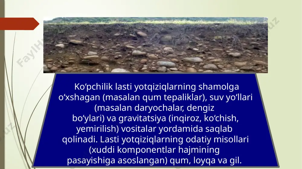 ganish orqali qadimgi davr hayoti, jamiyiki hayvonotva nabotot olamini o'rgana olamiz. xulosa foydalanilgan adabiyotlar: 1. paul goldberg and richard i. macphail. practical and theoretical geoarchaeology. blackwell publishing. 2006. pp.22. 2. fatxullaev g‘.a., husanov s.t. tarixiy geologiya va paleontalogiya asoslari. t. “o‘ajbnt” markazi. 2004. 374 b. 3. paul goldberg and richard i. macphail. practical and theoretical geoarchaeology. blackwell publishing. 2006. pp.22. 4. 4. chiniqulov x., jo‘liev a.h. umumiy geologiya. toshkent. 2011. 80-95 betlar 5. http://geography.unt.edu/research/environmental-archaeology e'tiboringiz uchun rahmat. image1.jpeg image2.jpeg image3.jpeg image4.jpeg image5.jpeg image6.jpeg image7.jpeg image8.jpeg image9.jpeg image10.jpeg image11.jpeg image12.jpeg image13.jpeg image14.jpeg image15.jpeg image16.jpeg image17.jpeg image18.jpeg image19.jpeg image20.png