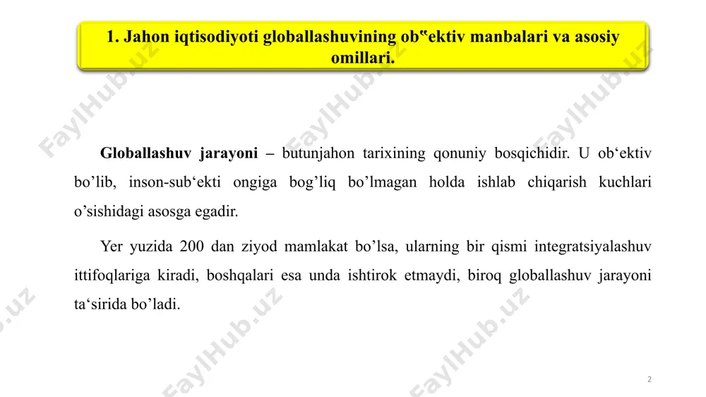 onika, kibernetika va fazoviy aloqa sun‘iy yo’ldoshlarining axborot inqilobi negizidagi taraqqiyoti telekommunikatsiya sohasida juda katta burilish yasadi. agar 1995 yil mobaynida internet tarmog’idan foydalanganlar 20 mln.kishini tashkil etgan bo’lsa, 2003 yilga kelib, 300mln. kishiga etgan. 4 to’rtinchidan, xalqaro mehnat taqsimotining chuqurlashuvi hamda transport va telekommunikatsiya sohasidagi inqilobiy o’zgarishlar asosida oxirgi o’n yilliklarda transmilliy korporatsiyalarning (tmk) soni tez sur‘atlar bilan o’sdi. hozirda 80 ming tmk va ularning xorijiy mamlakatlarda joylashgan 800 ming sho’ba korxonalari jahon yalpi ichki maxsulotining 10 %, jahon eksportining esa uchdan bir qismini ta‘minlab beradi. jahon xo’jalik tizimi asosini tashkil etuvchi 500 ga yaqin yirik tmk jahon sanoat ishlab chiqarishining deyarli yarmini, tashqi savdo aylanmasining 60%ni, yangi texnika uchun bozorlarda muomalada bo’lgan litsenziya va patentlarning deyarli 4/5 qismini nazorat qilib turadi. jahon iqtisodiyotning “yadro”sini tashkil etgan transmilliy kapital, asosan, rivojlangan mamlakatlarda to’plangan. hozirgi paytda rivojlangan mamlakatlar tmklari qatoriga bir qator rivojlanayotgan, yangi industrial mamlakatlar korporatsiyalari qo’shilgan. 5 beshinchidan, …
